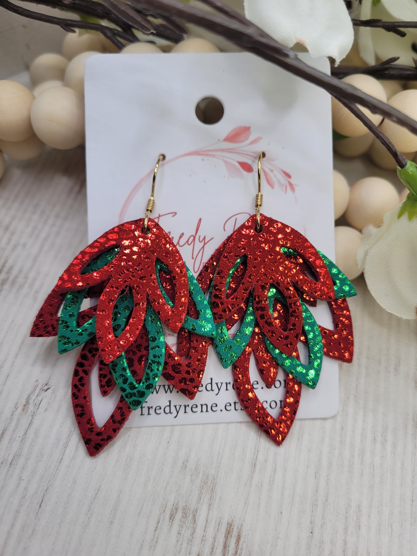 Genuine Leather Red & Green Holiday  Layered Earrings