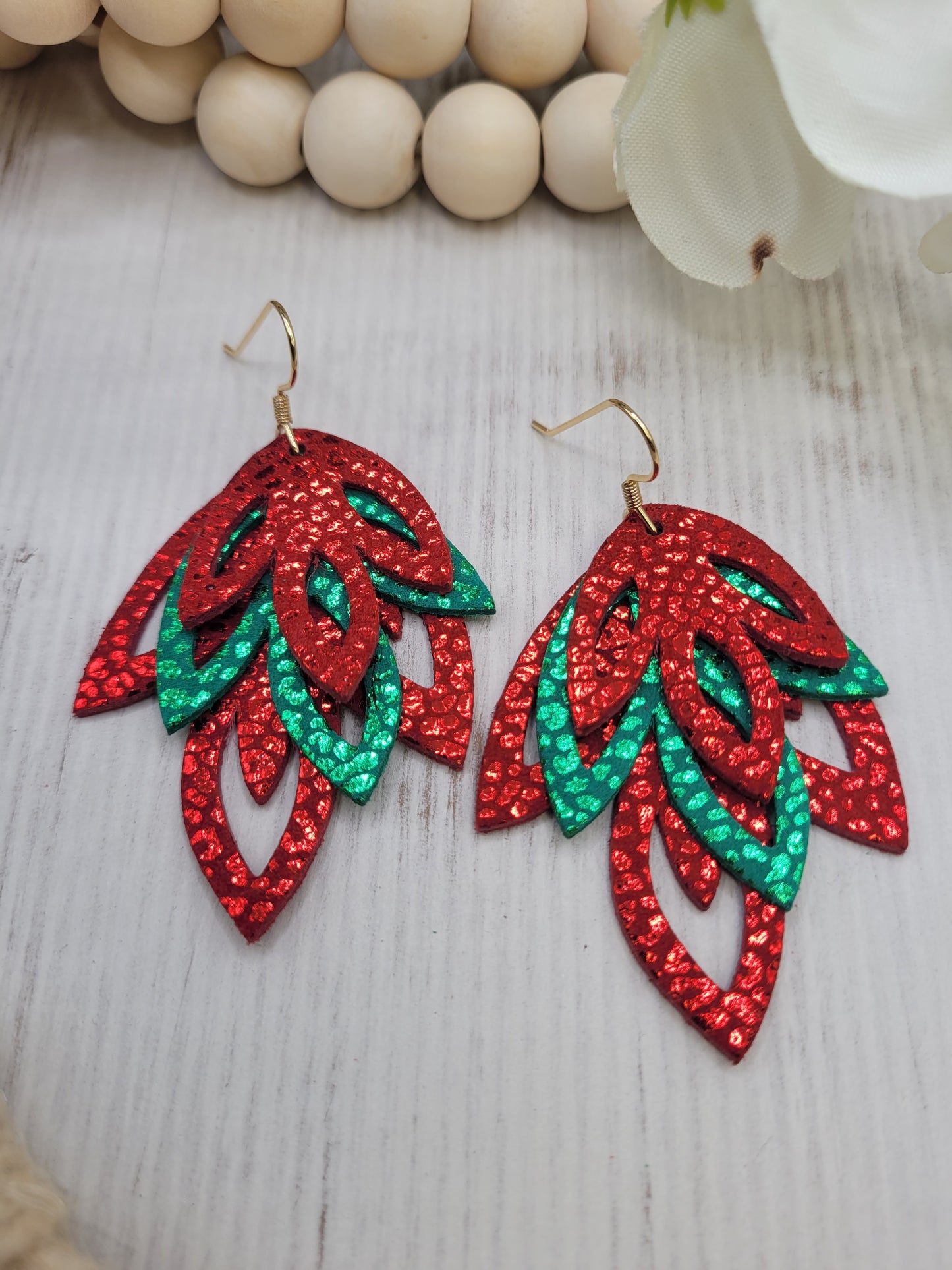 Genuine Leather Red & Green Holiday  Layered Earrings