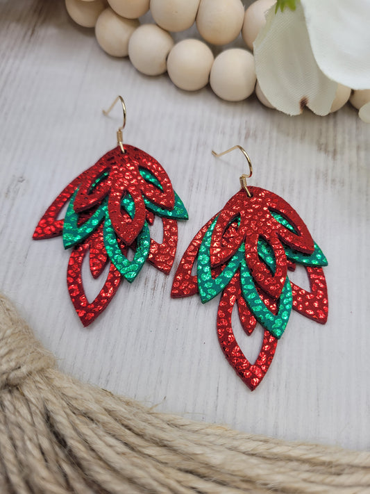 Genuine Leather Red & Green Holiday  Layered Earrings