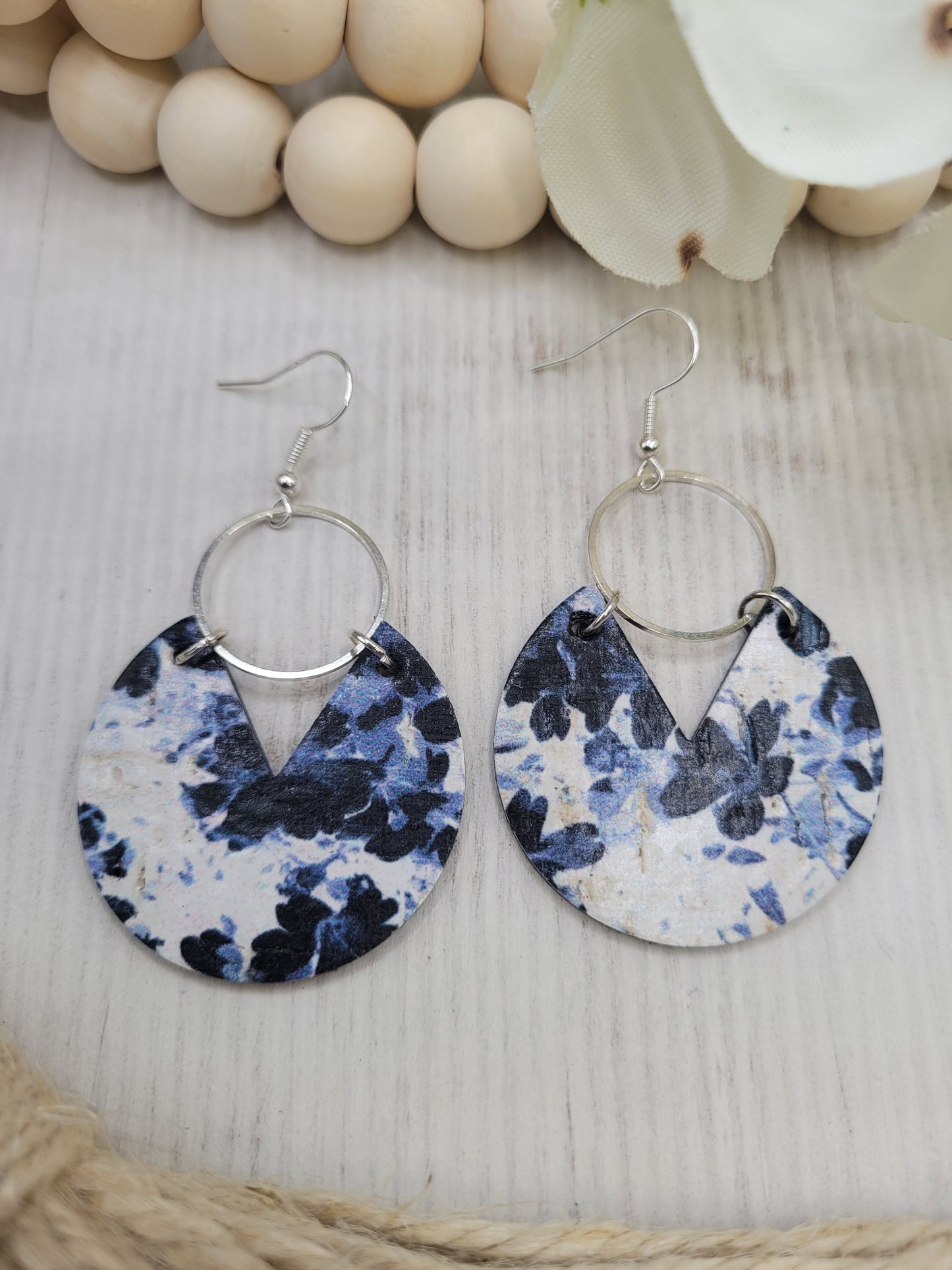 Floral Black & White Cork on Genuine Leather Earrings