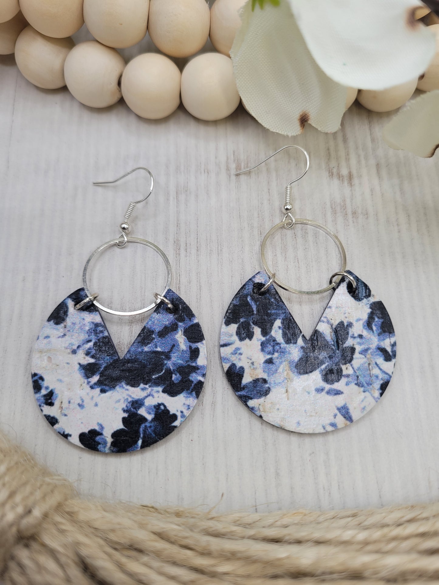 Floral Black & White Cork on Genuine Leather Earrings