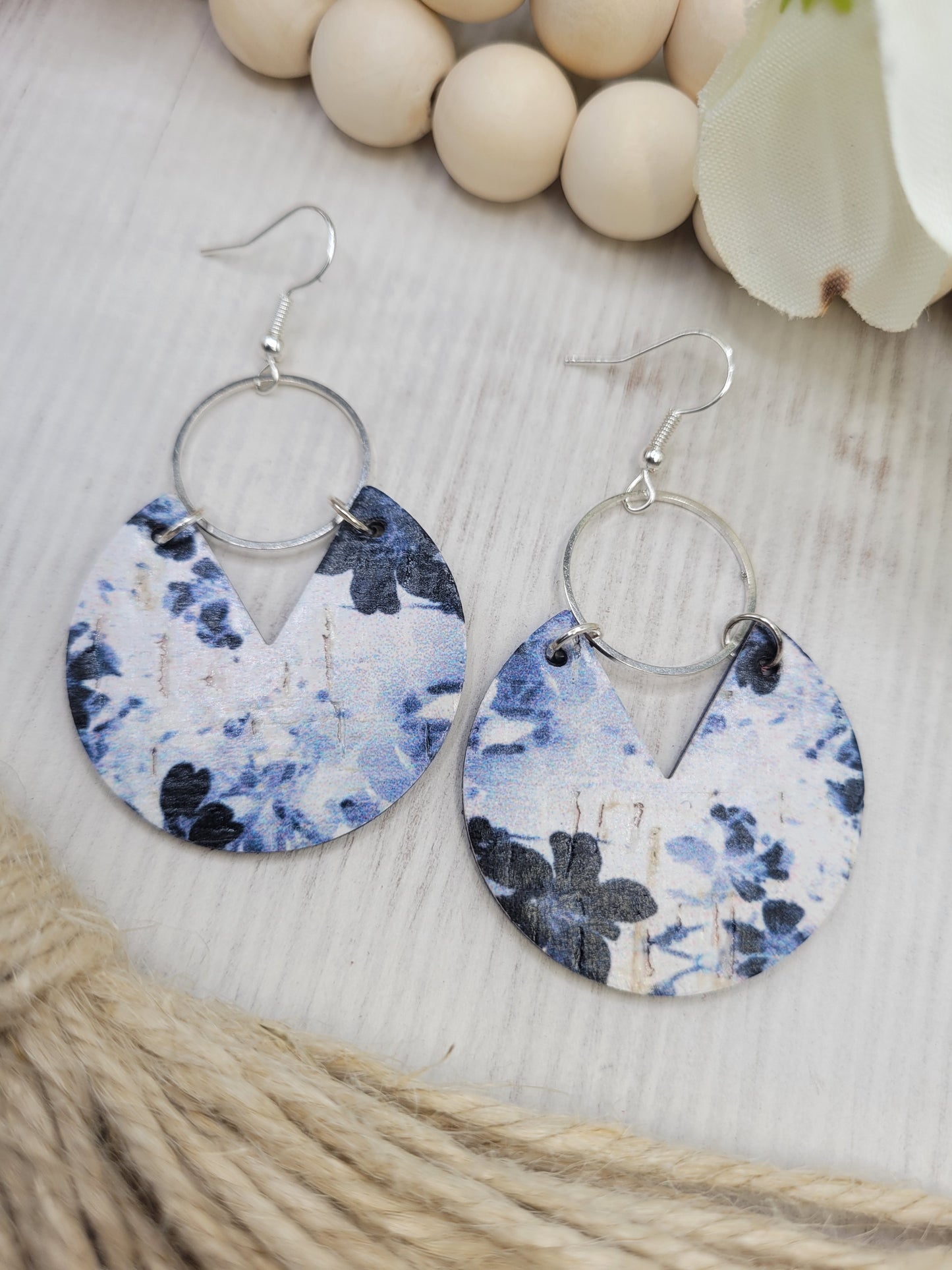 Floral Black & White Cork on Genuine Leather Earrings