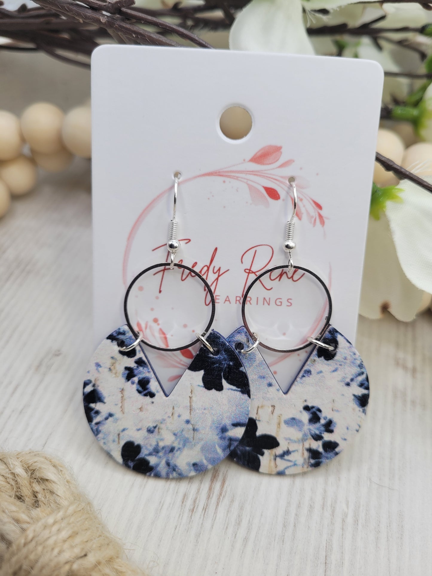 Floral Black & White Cork on Genuine Leather Earrings