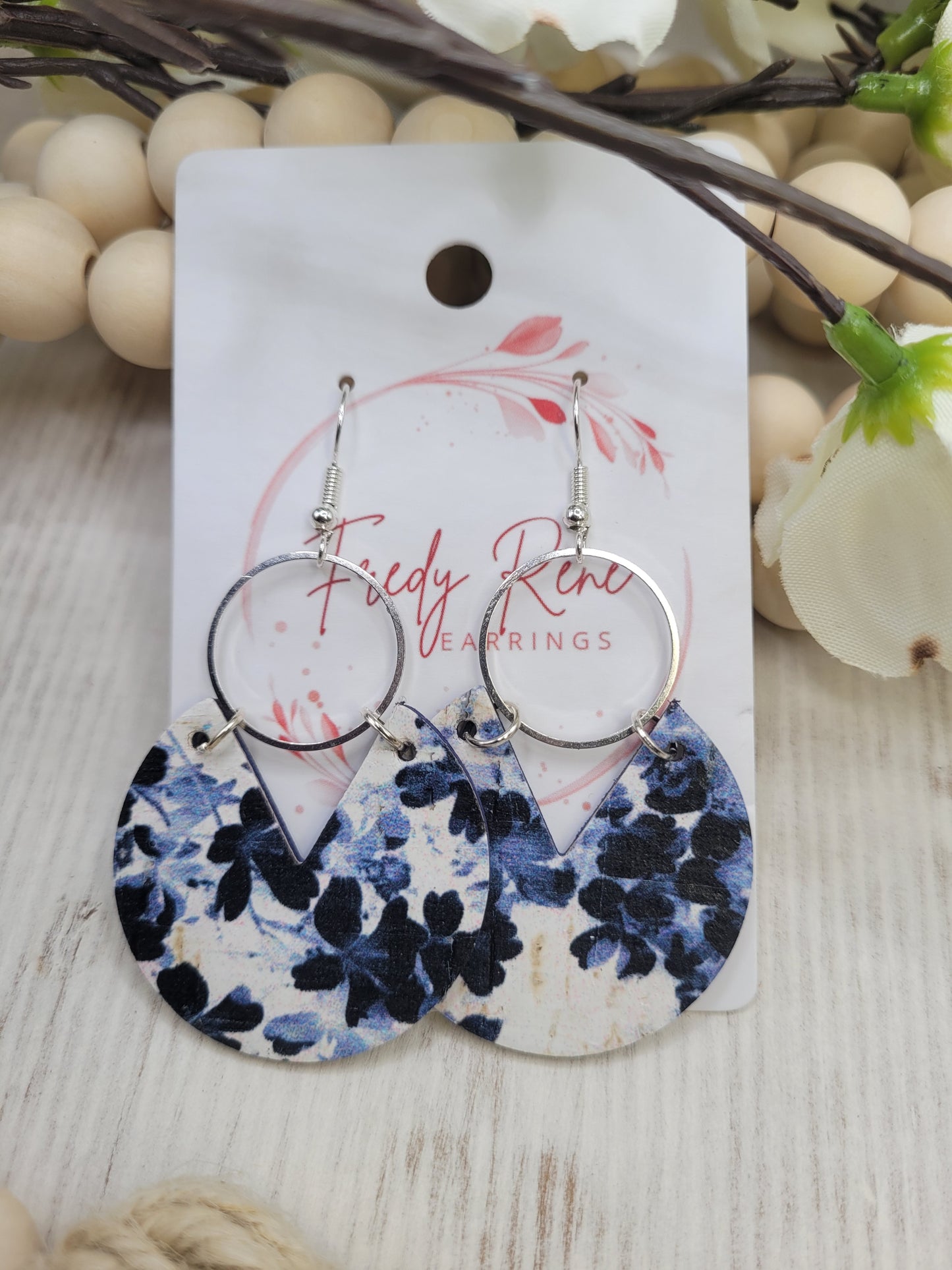 Floral Black & White Cork on Genuine Leather Earrings