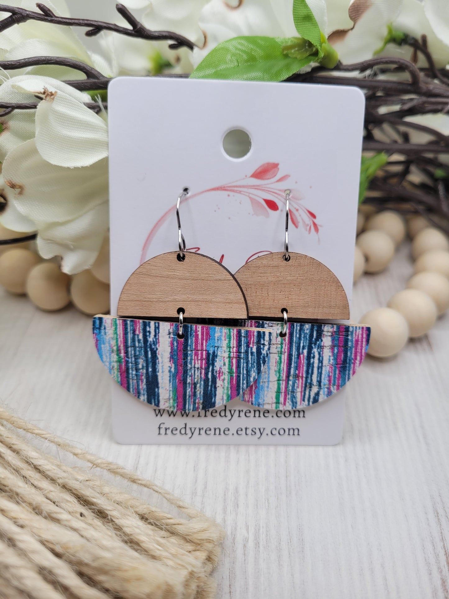 Cork and Wood Striped Earrings