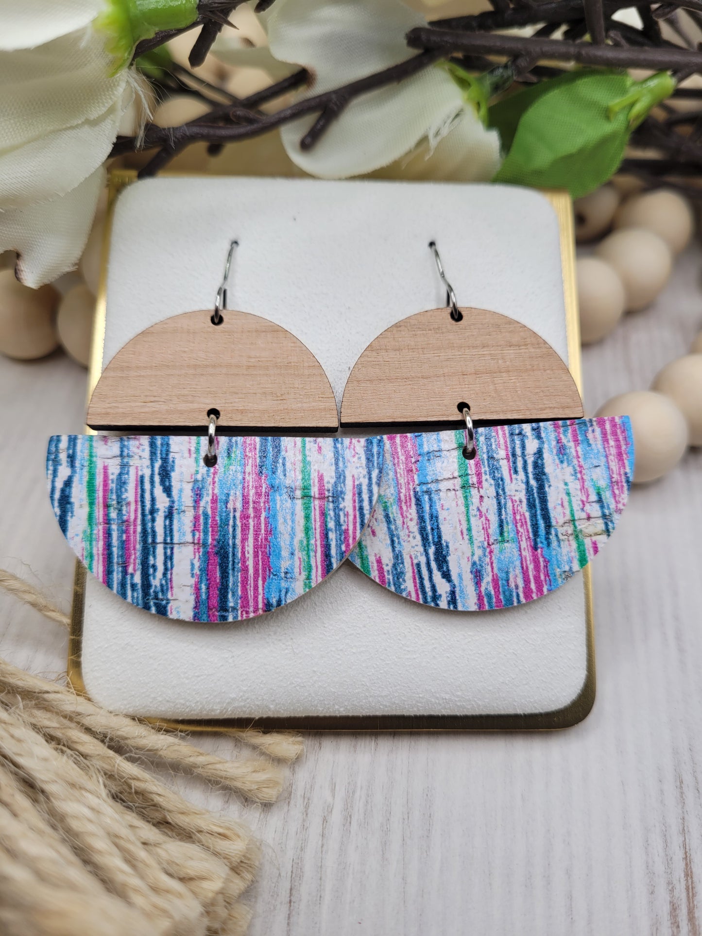 Cork and Wood Striped Earrings