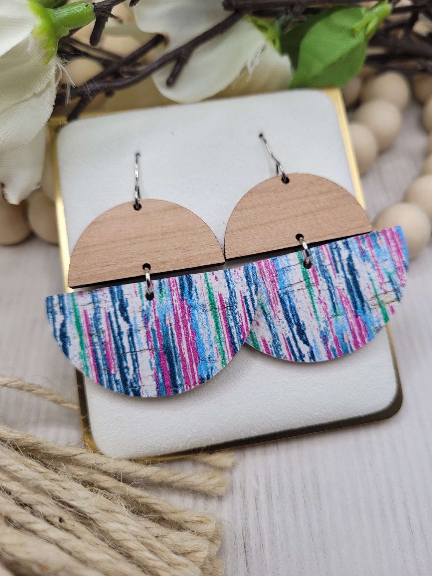 Cork and Wood Striped Earrings