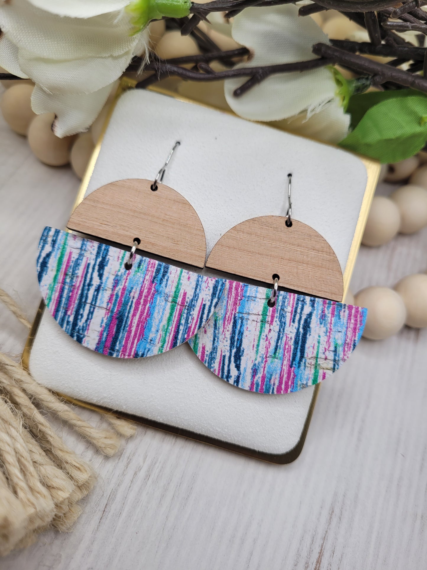 Cork and Wood Striped Earrings