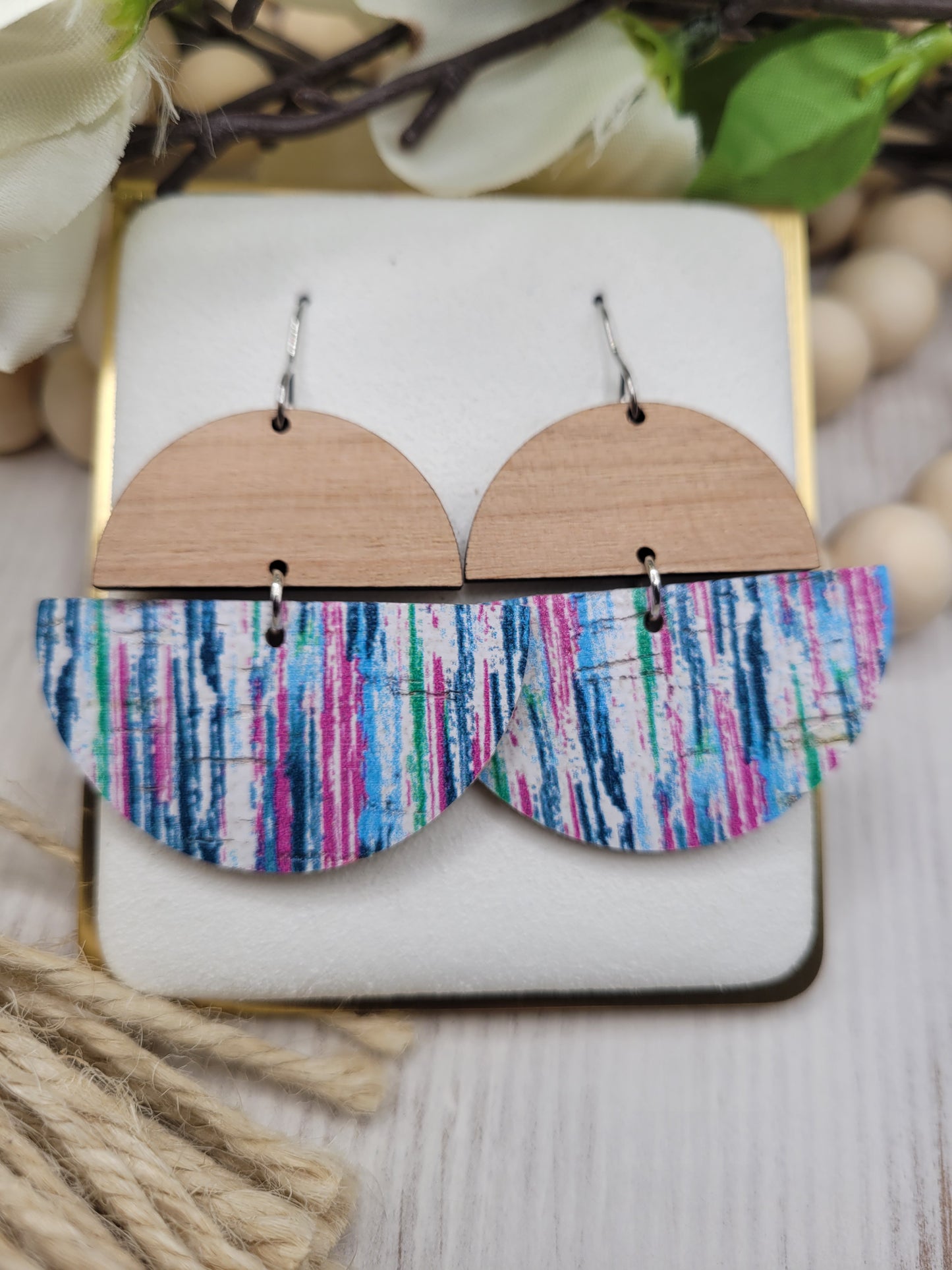 Cork and Wood Striped Earrings