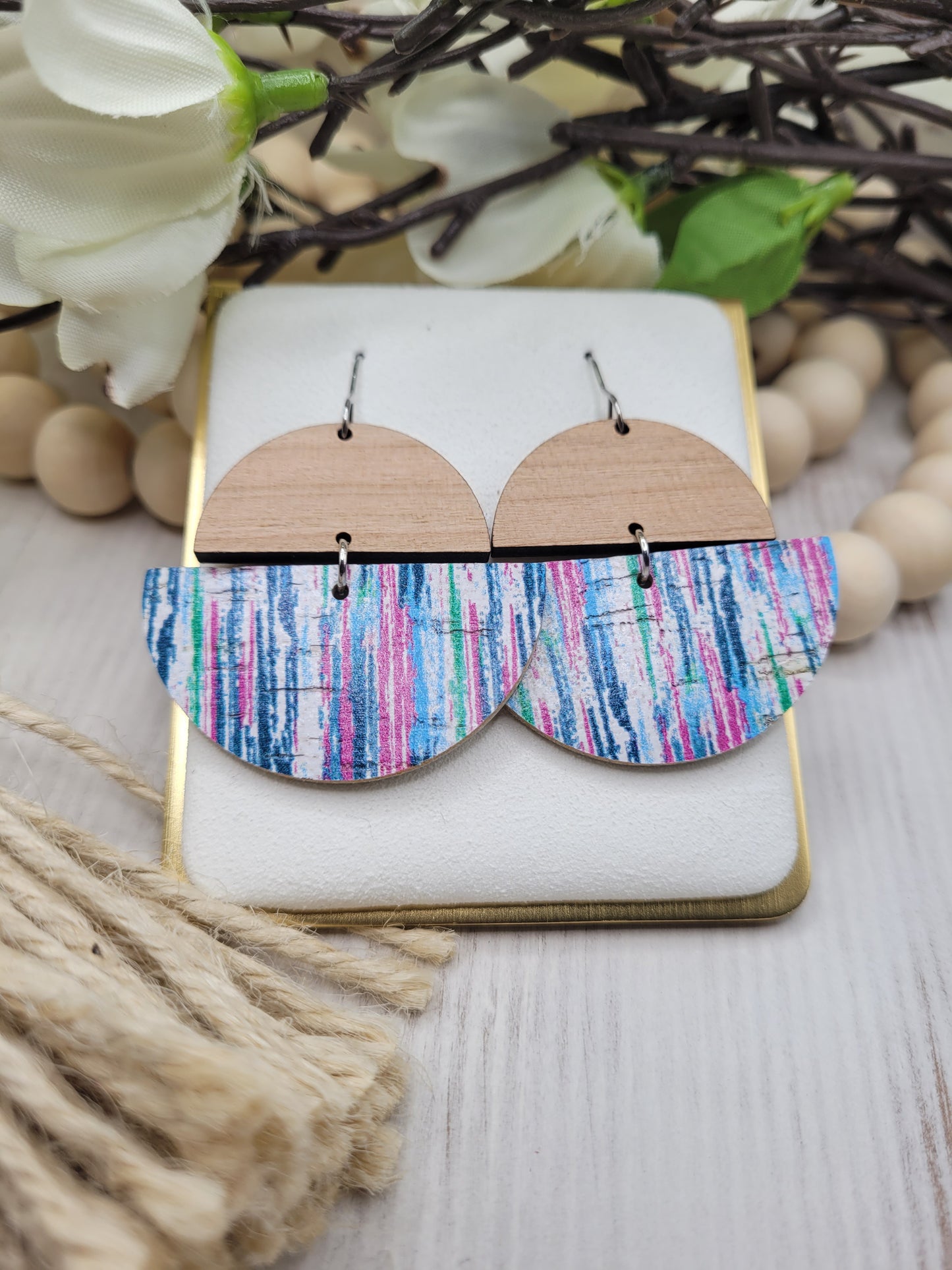 Cork and Wood Striped Earrings