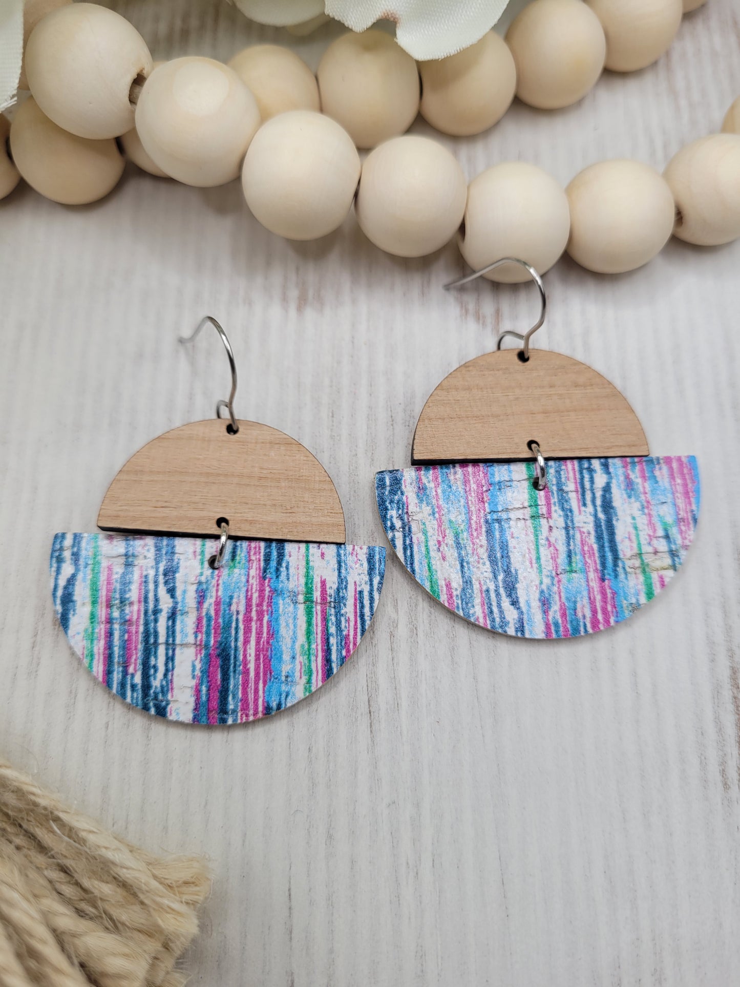 Cork and Wood Striped Earrings