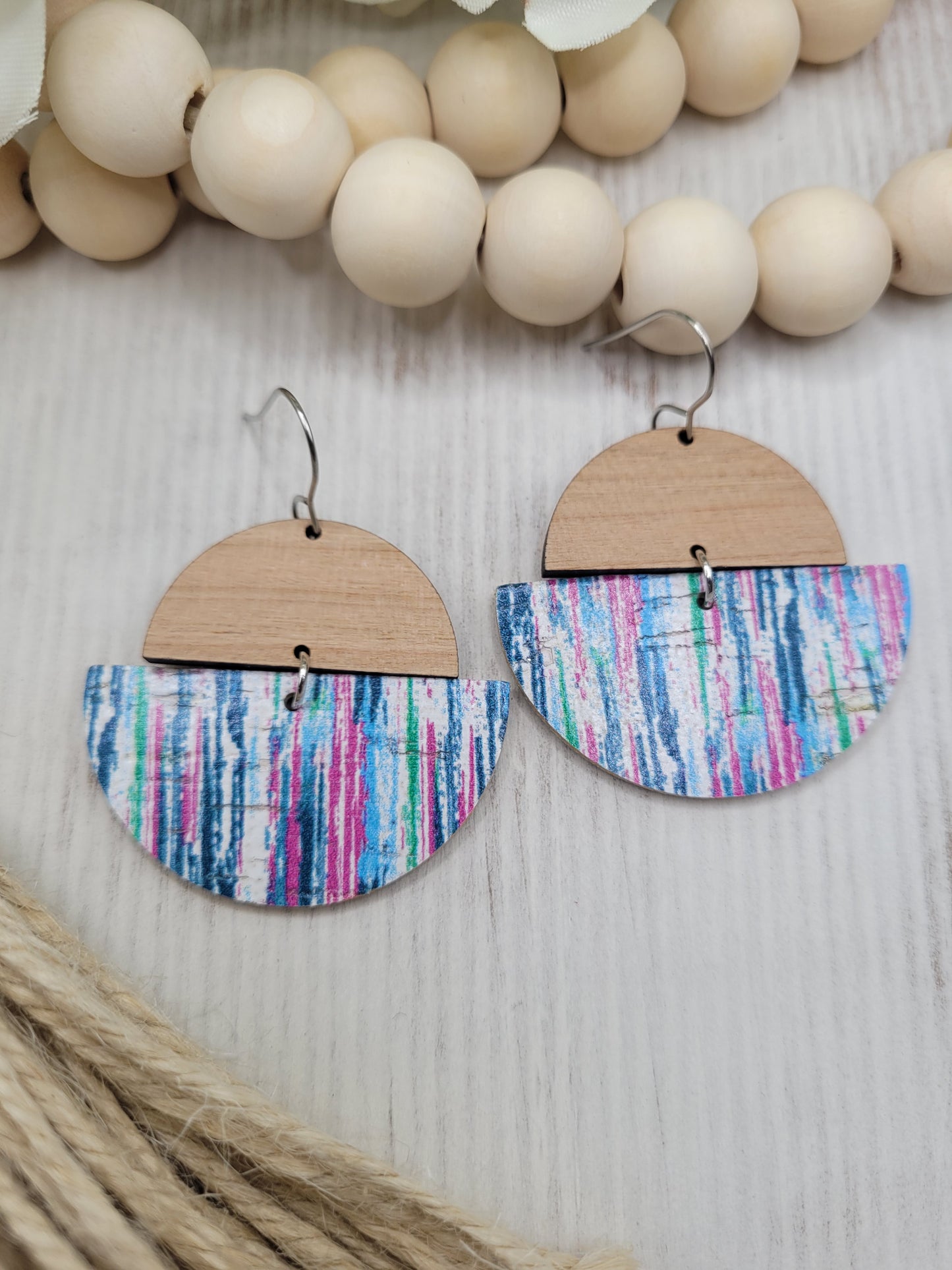 Cork and Wood Striped Earrings