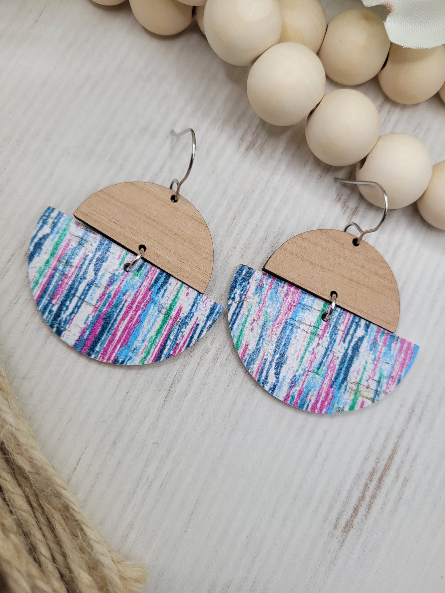 Cork and Wood Striped Earrings