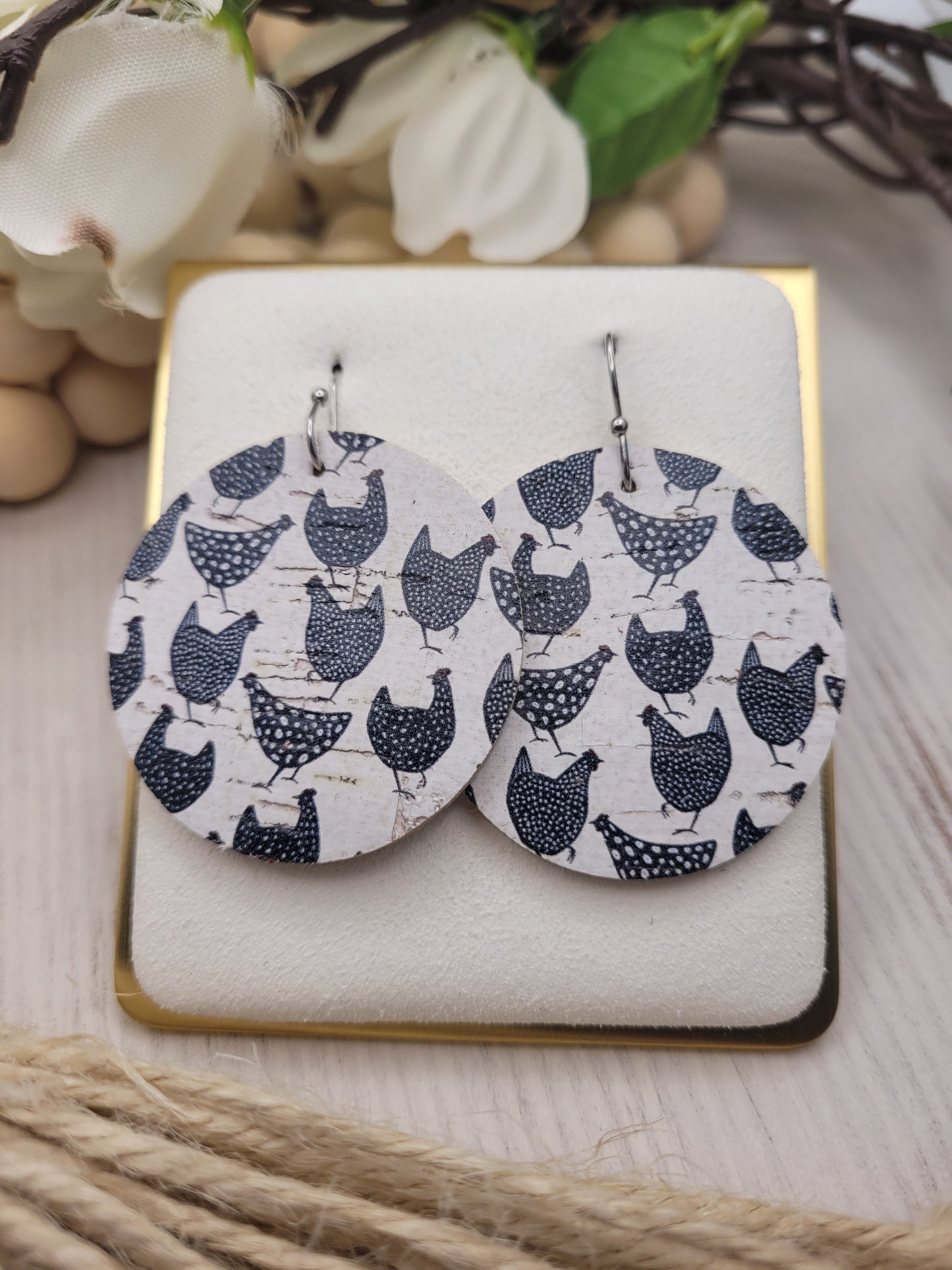 Round Chicken Cork on Genuine Leather Earrings