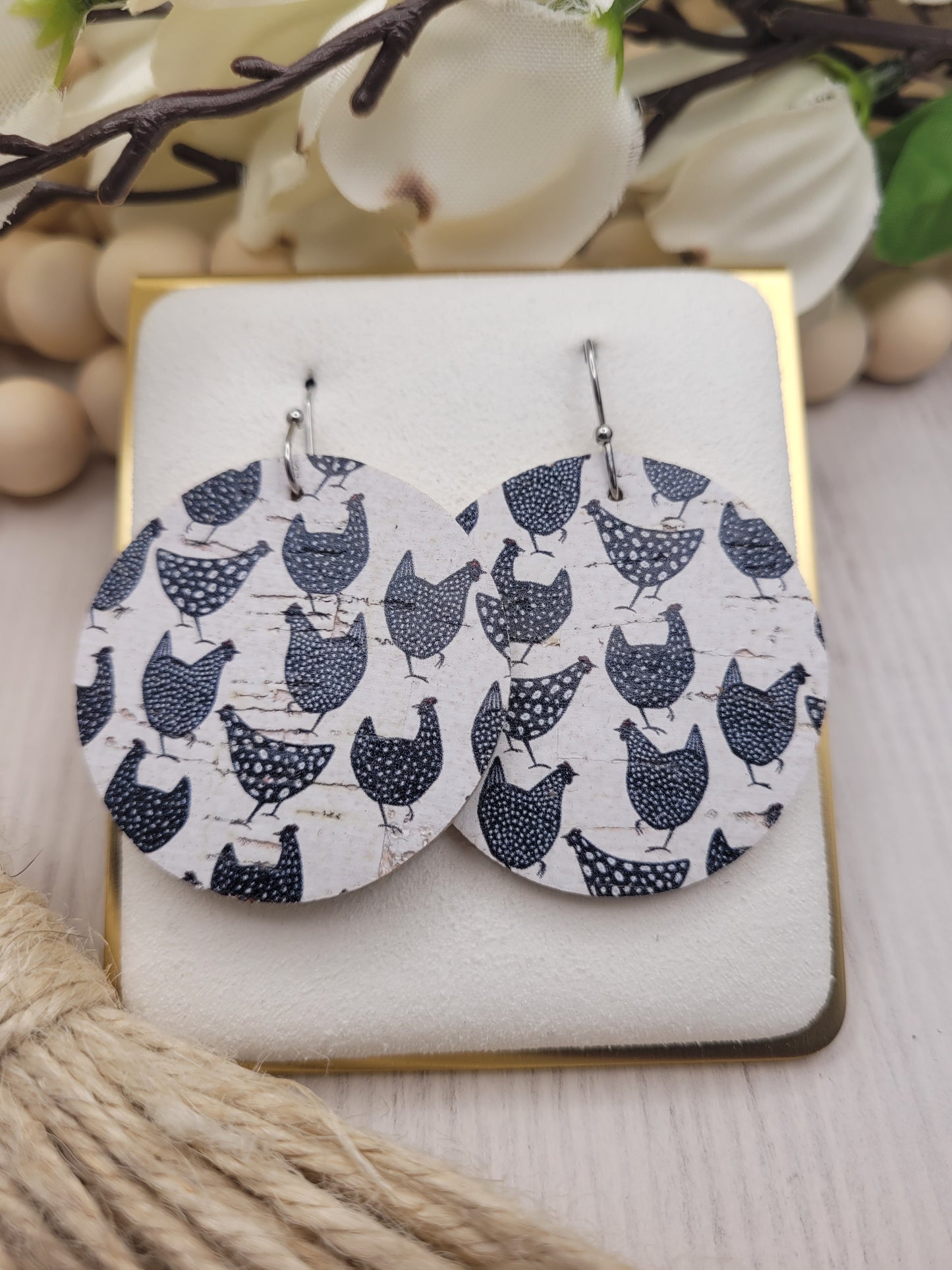 Round Chicken Cork on Genuine Leather Earrings