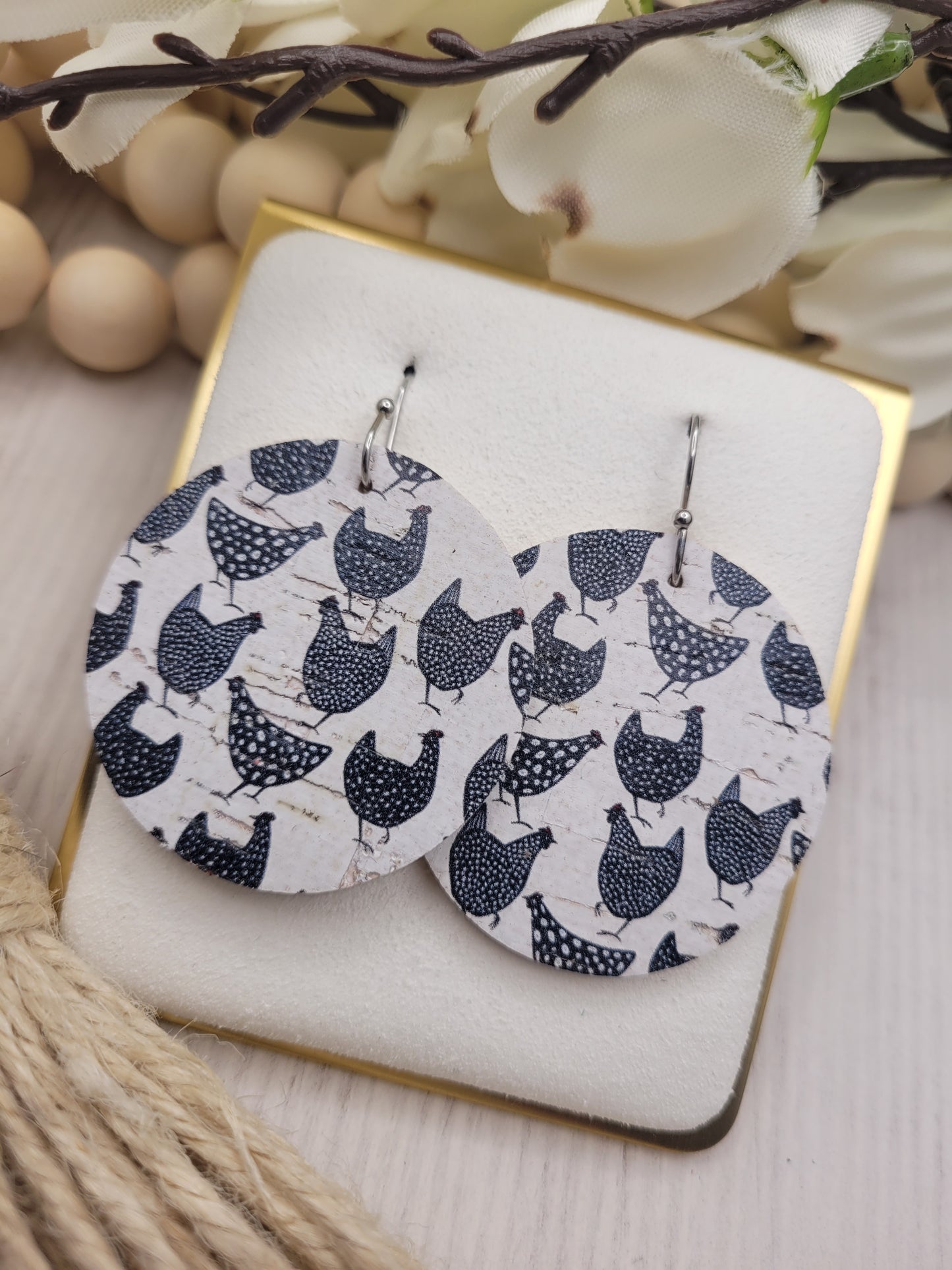 Round Chicken Cork on Genuine Leather Earrings