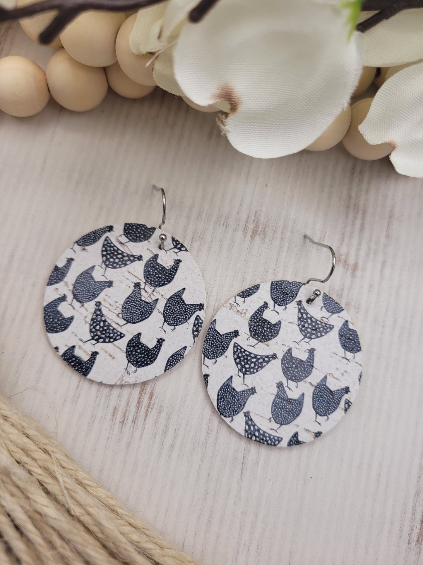 Round Chicken Cork on Genuine Leather Earrings