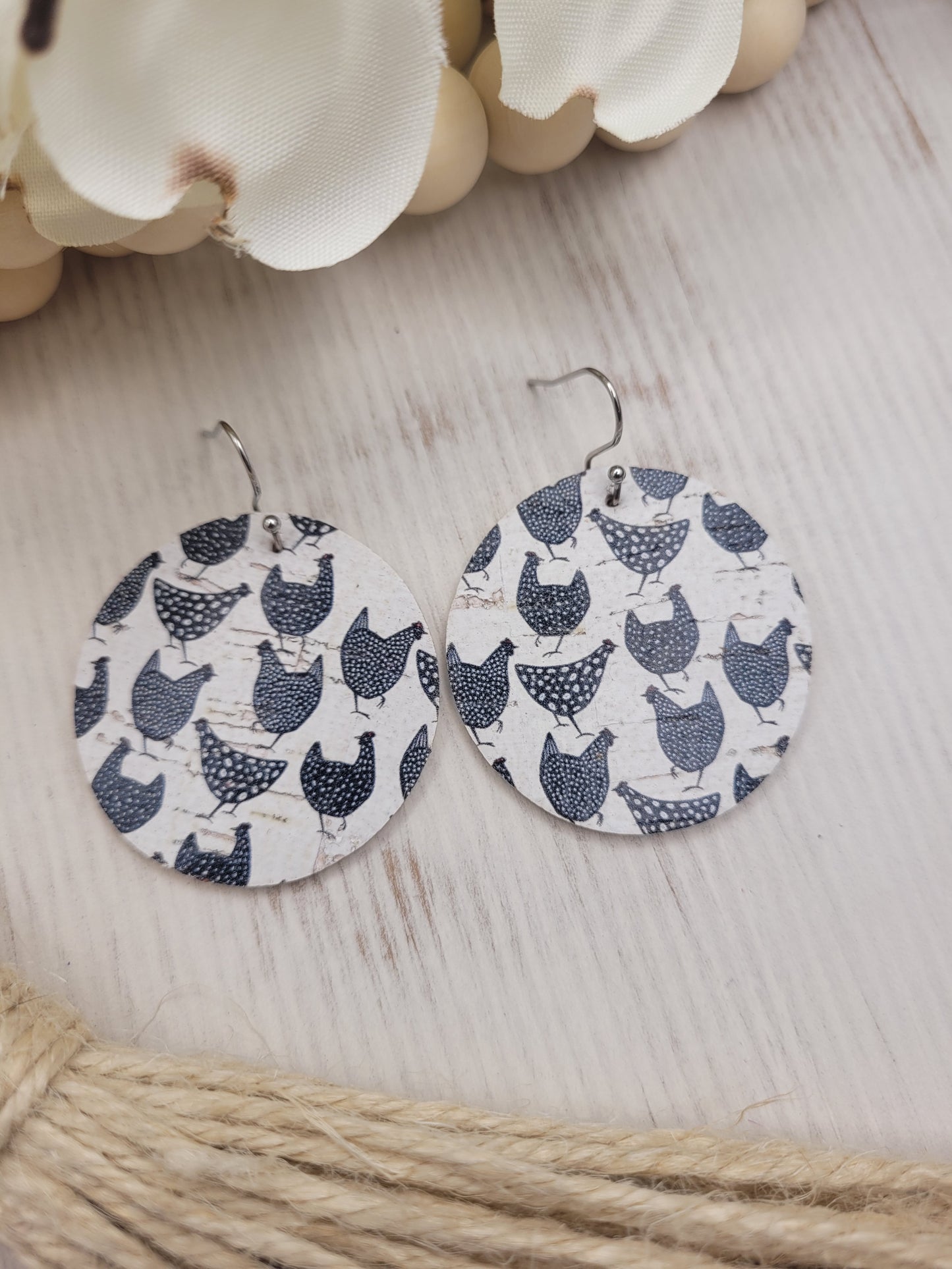 Round Chicken Cork on Genuine Leather Earrings