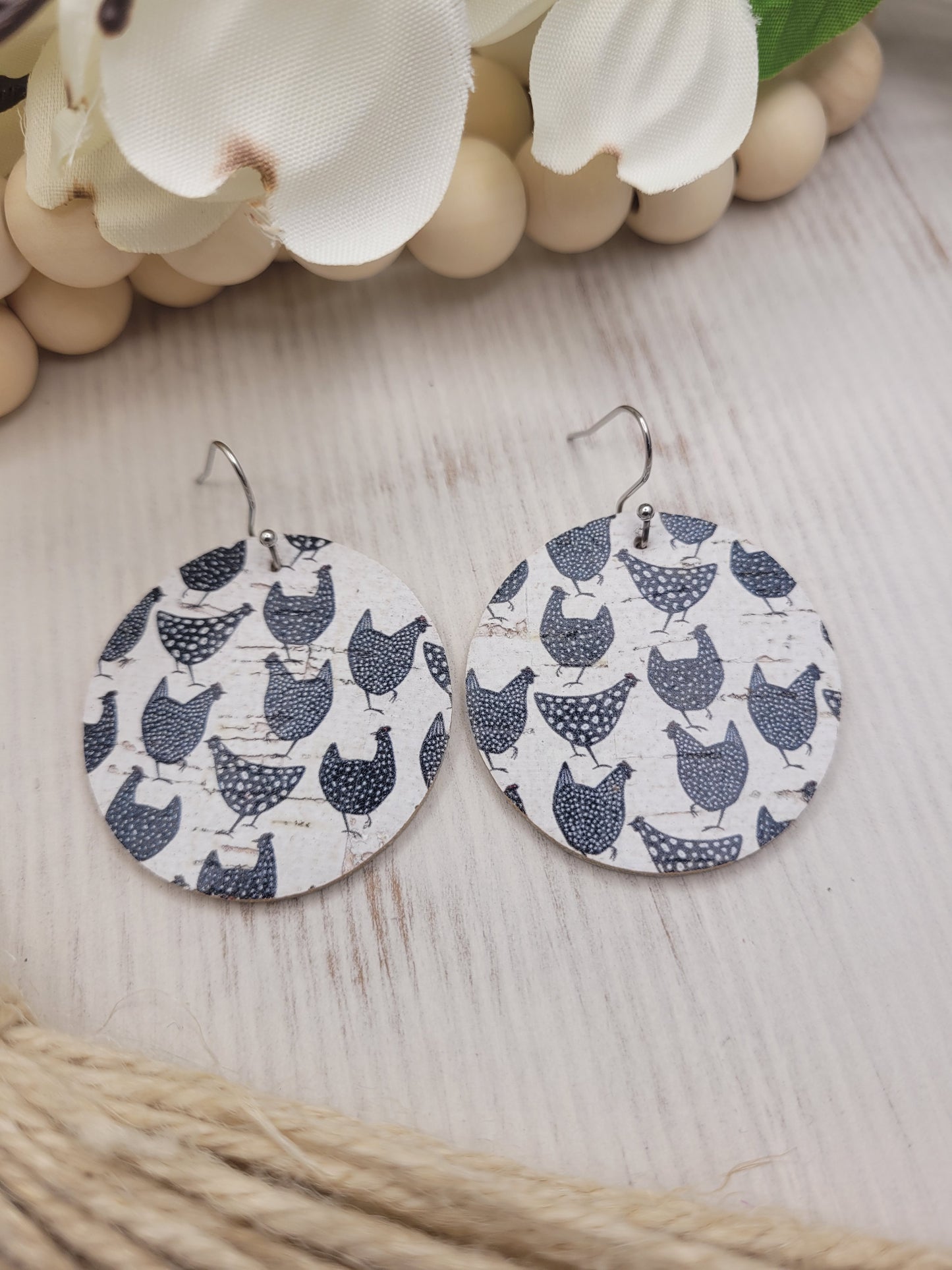 Round Chicken Cork on Genuine Leather Earrings