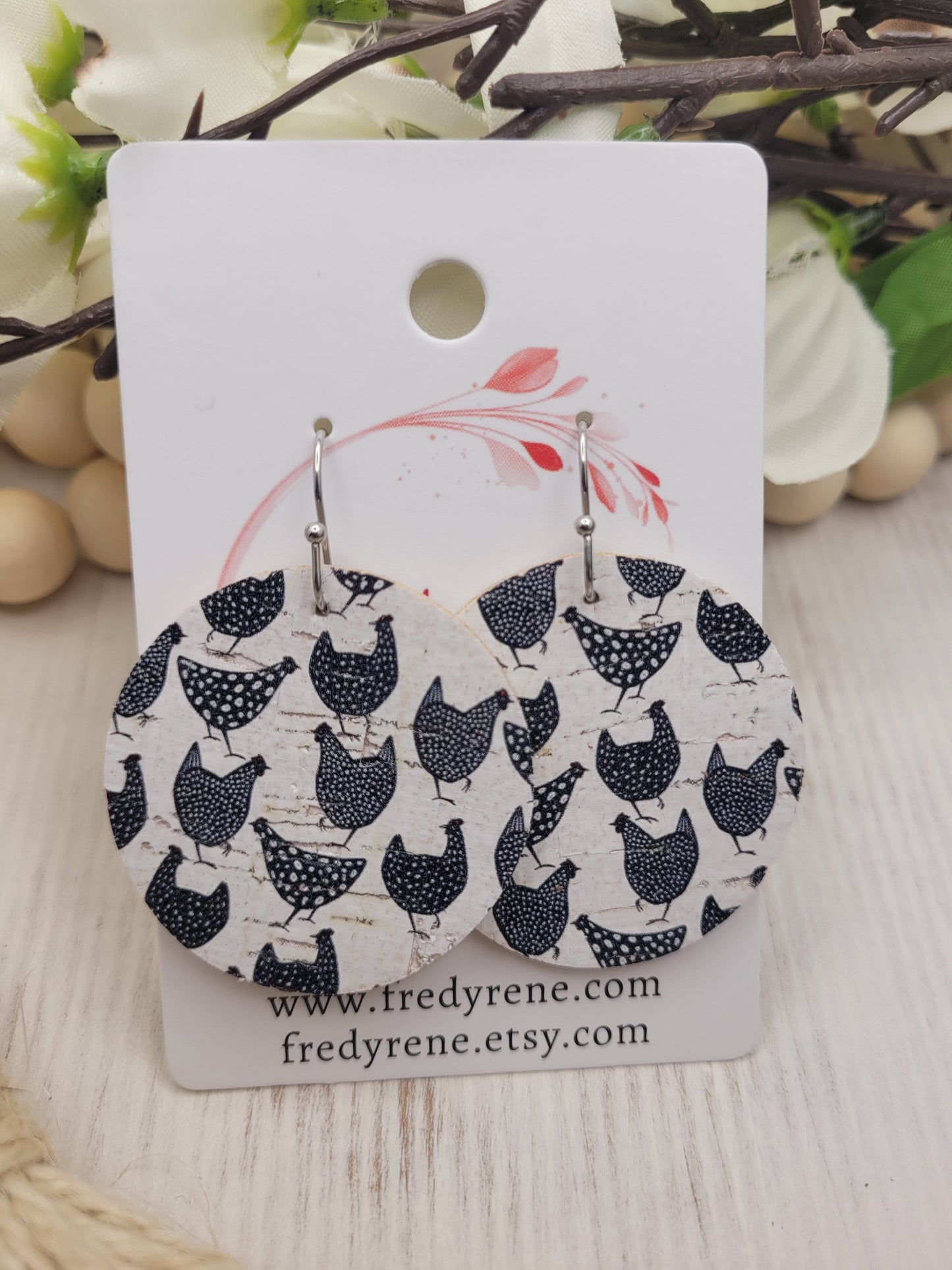 Round Chicken Cork on Genuine Leather Earrings