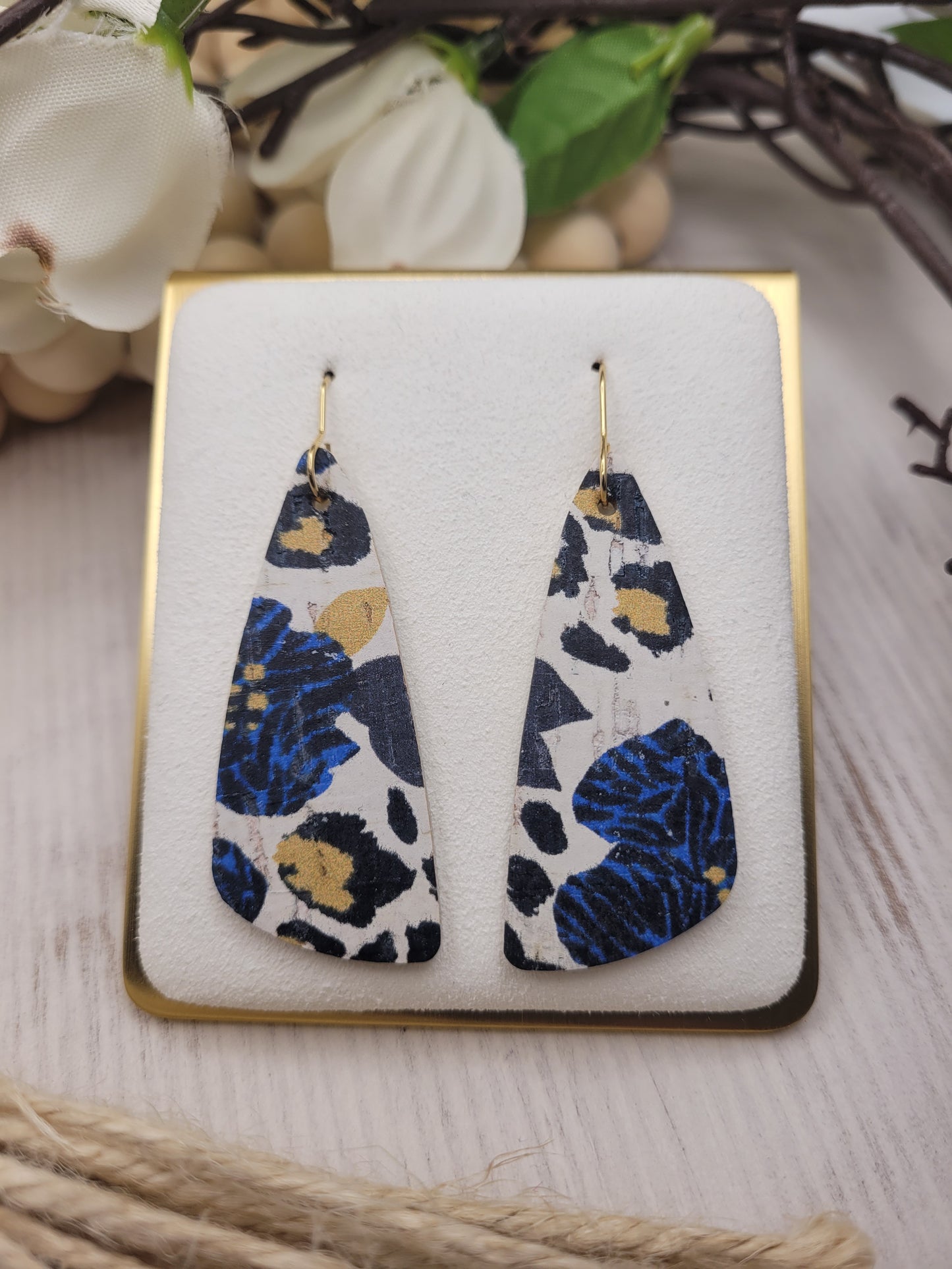 Floral & Animal Print Wedge Cork on Genuine Leather Earrings