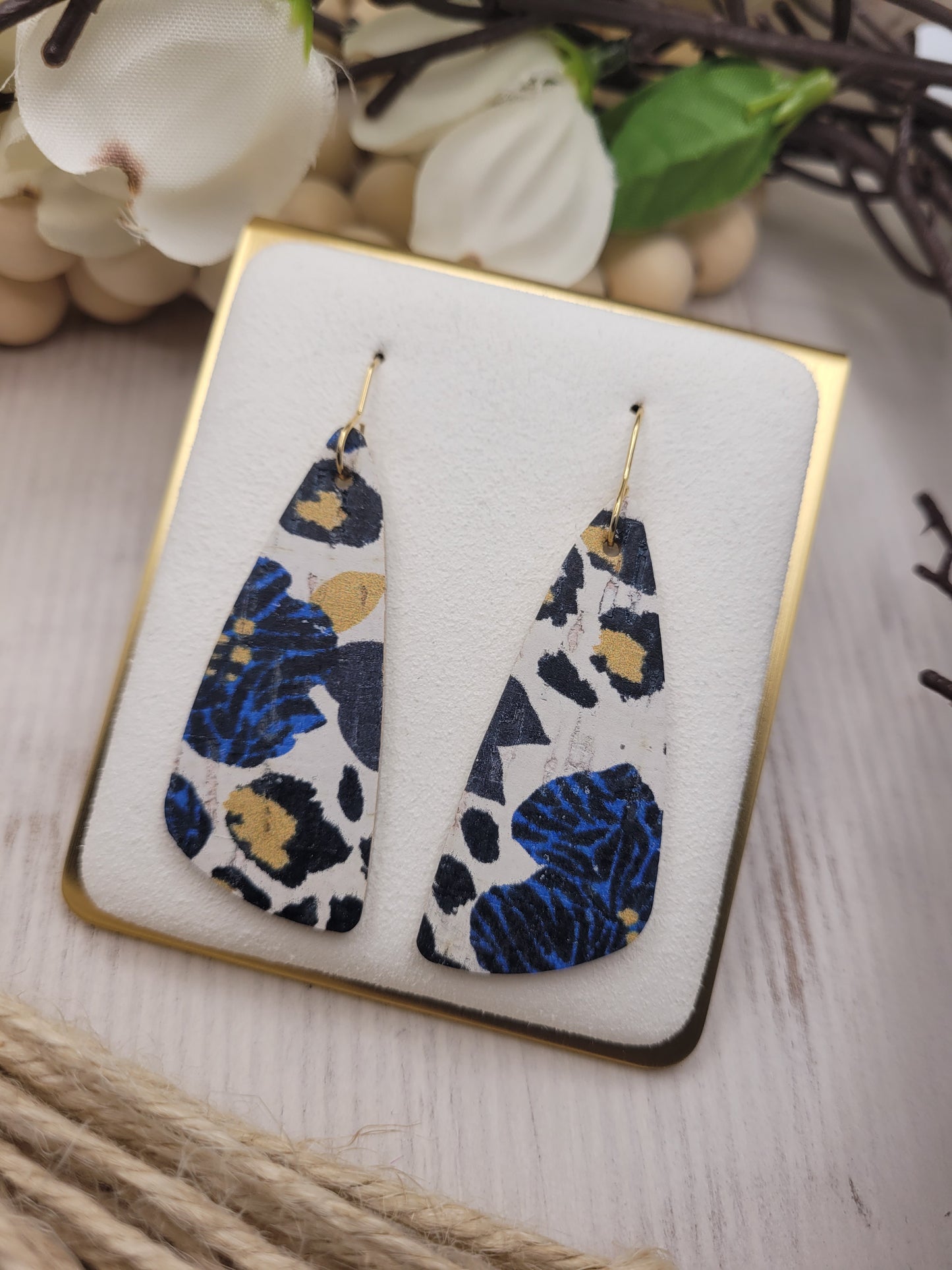 Floral & Animal Print Wedge Cork on Genuine Leather Earrings