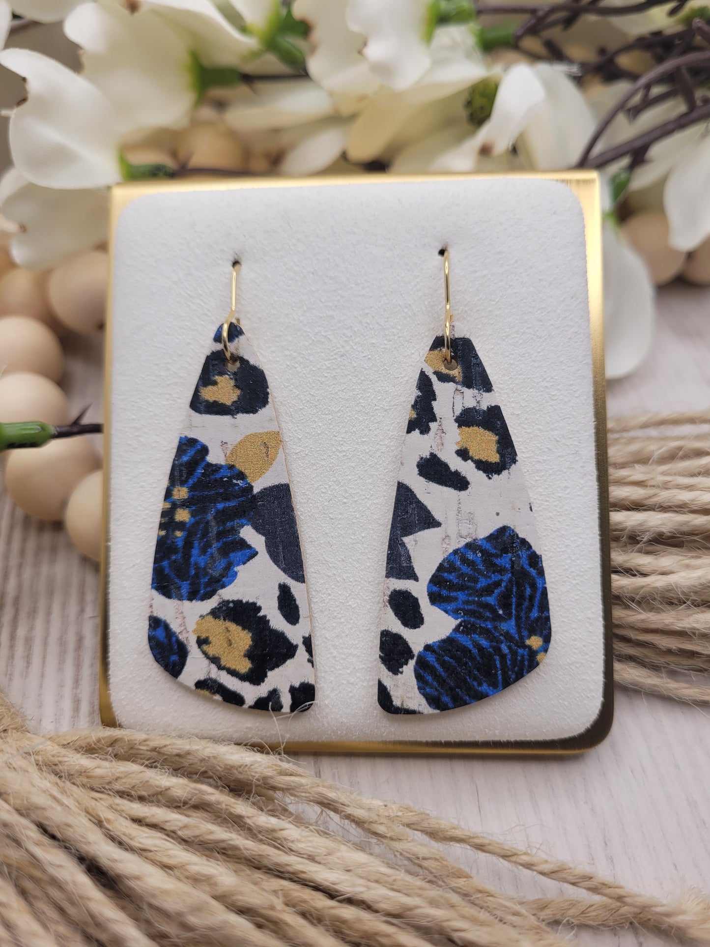 Floral & Animal Print Wedge Cork on Genuine Leather Earrings