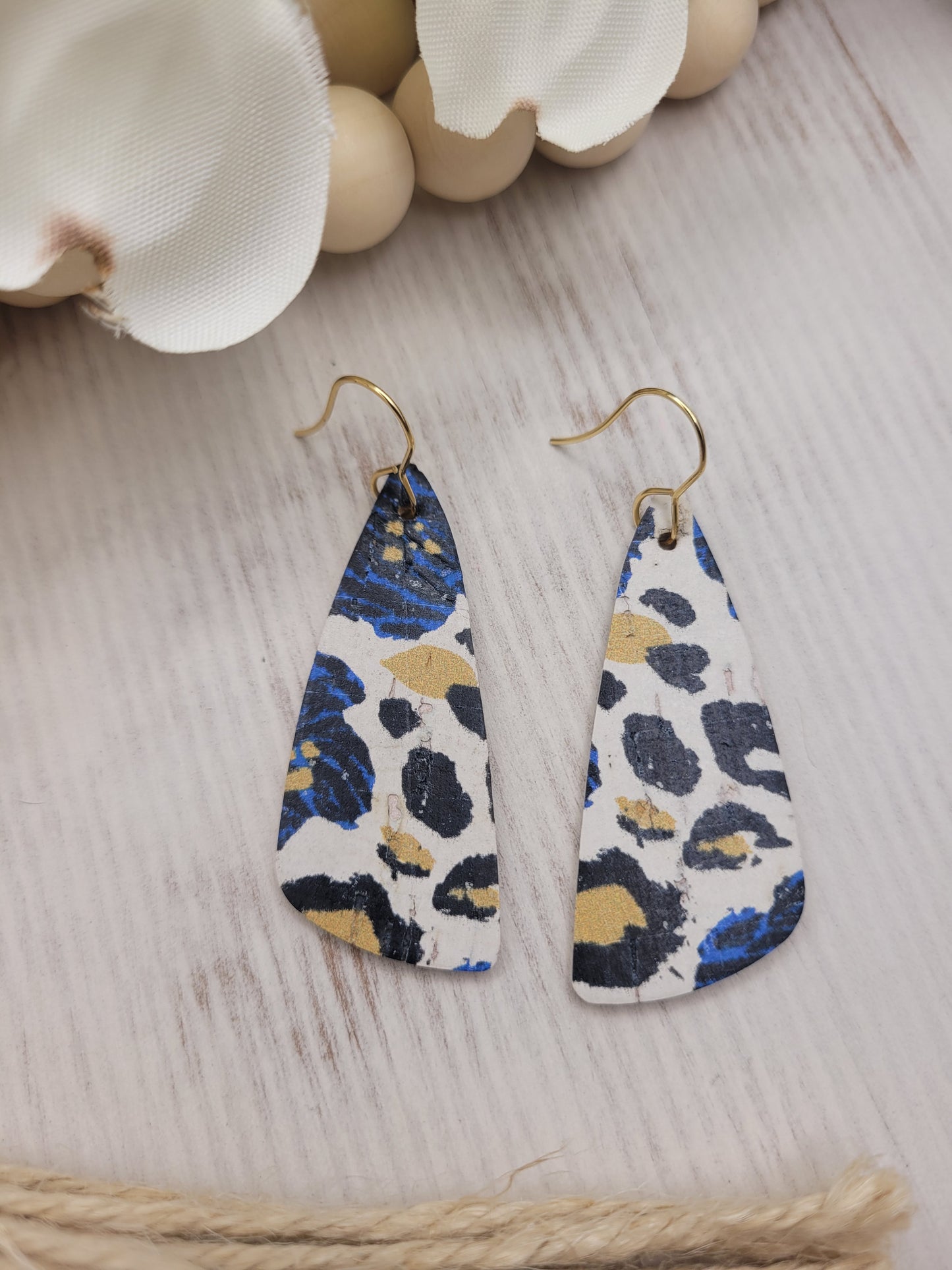 Floral & Animal Print Wedge Cork on Genuine Leather Earrings