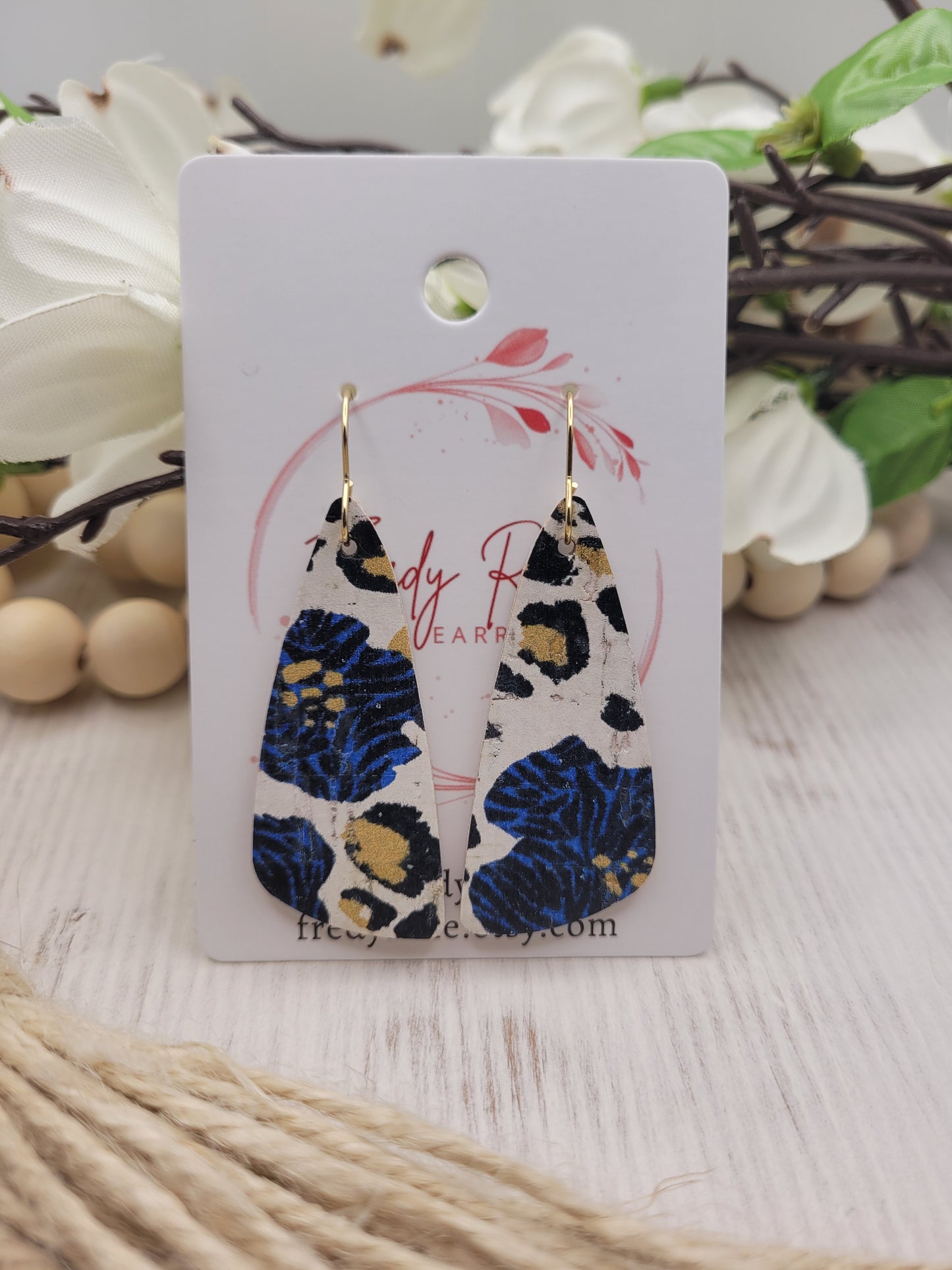 Floral & Animal Print Wedge Cork on Genuine Leather Earrings