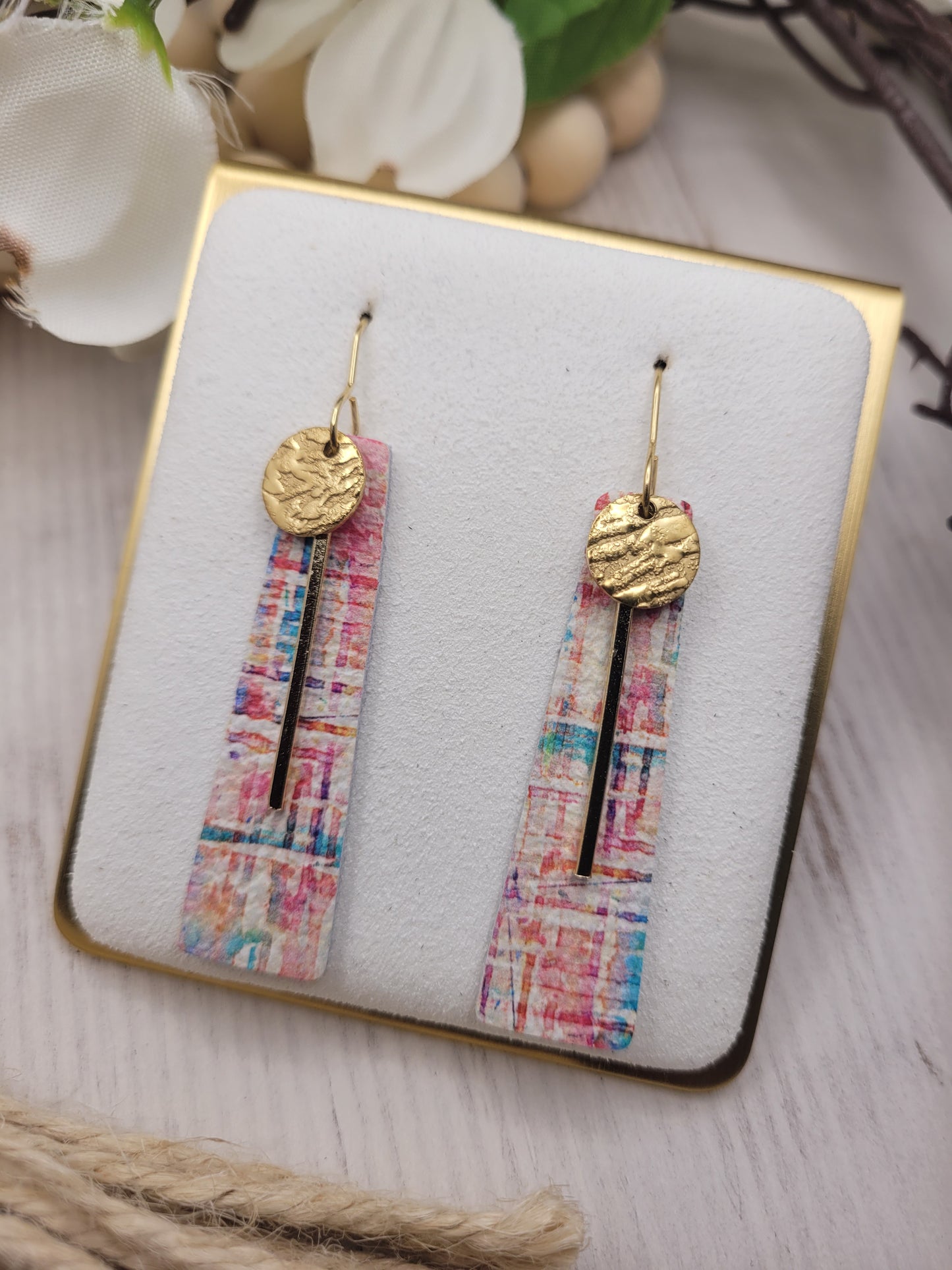 Genuine Leather Plaid Bar Earrings