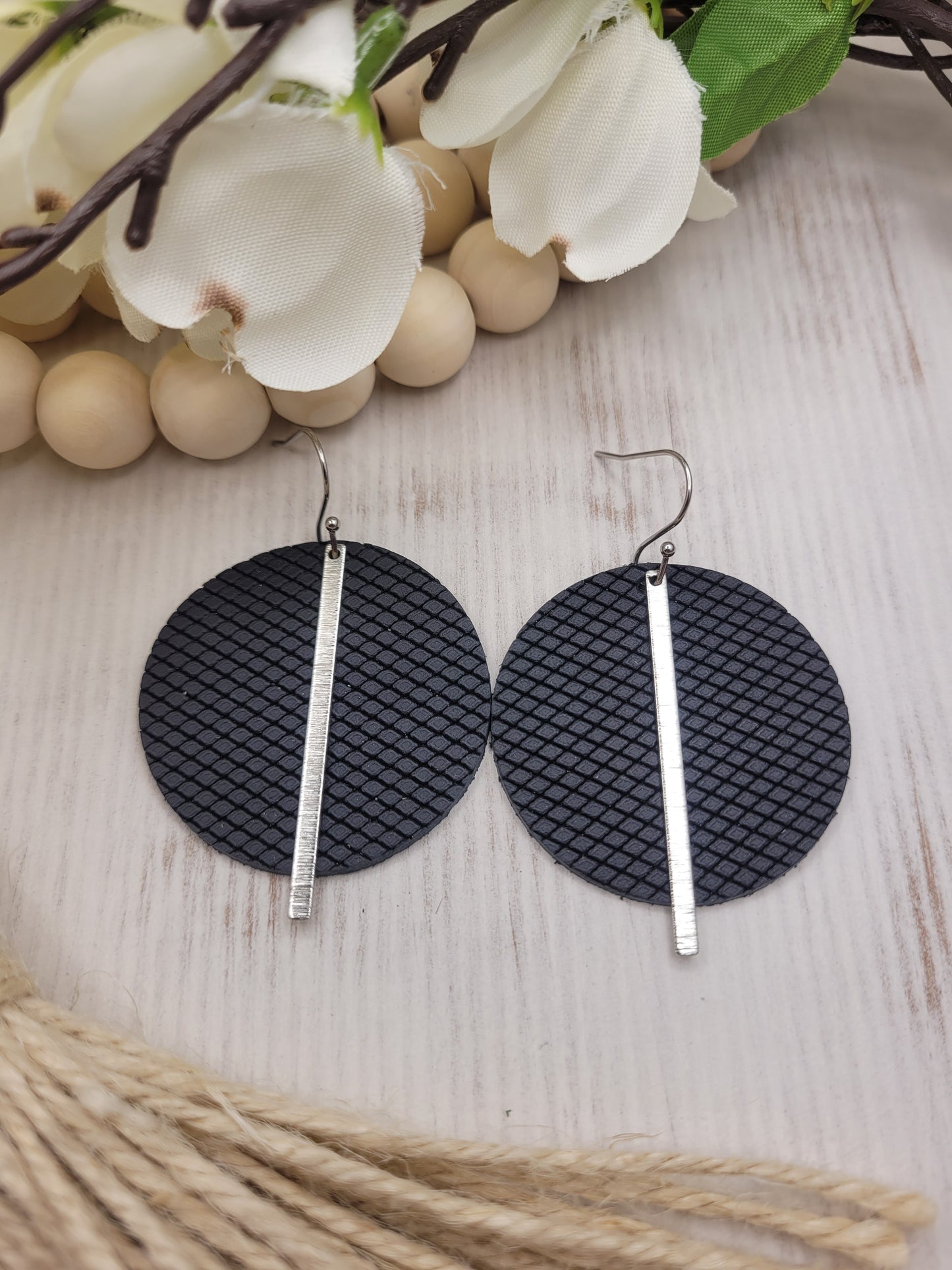 Black Patterned Genuine Leather Circle Earrings with Silver Brass Bars