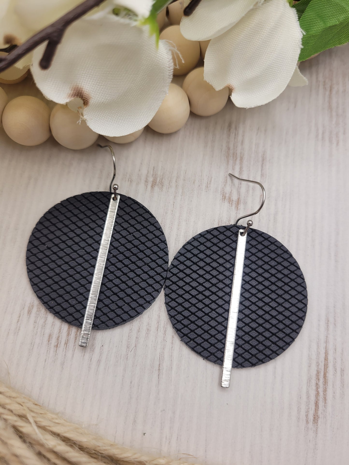 Black Patterned Genuine Leather Circle Earrings with Silver Brass Bars