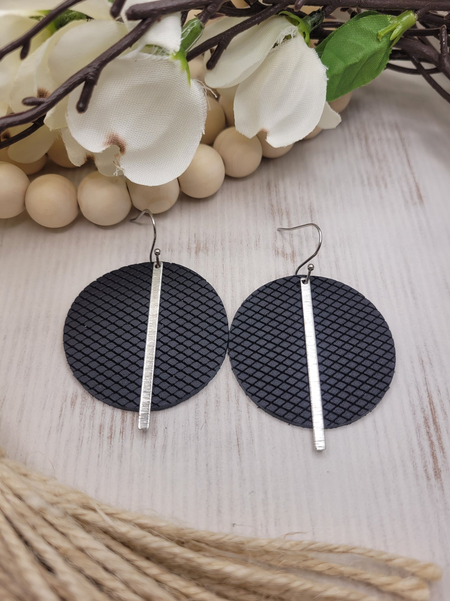 Black Patterned Genuine Leather Circle Earrings with Silver Brass Bars