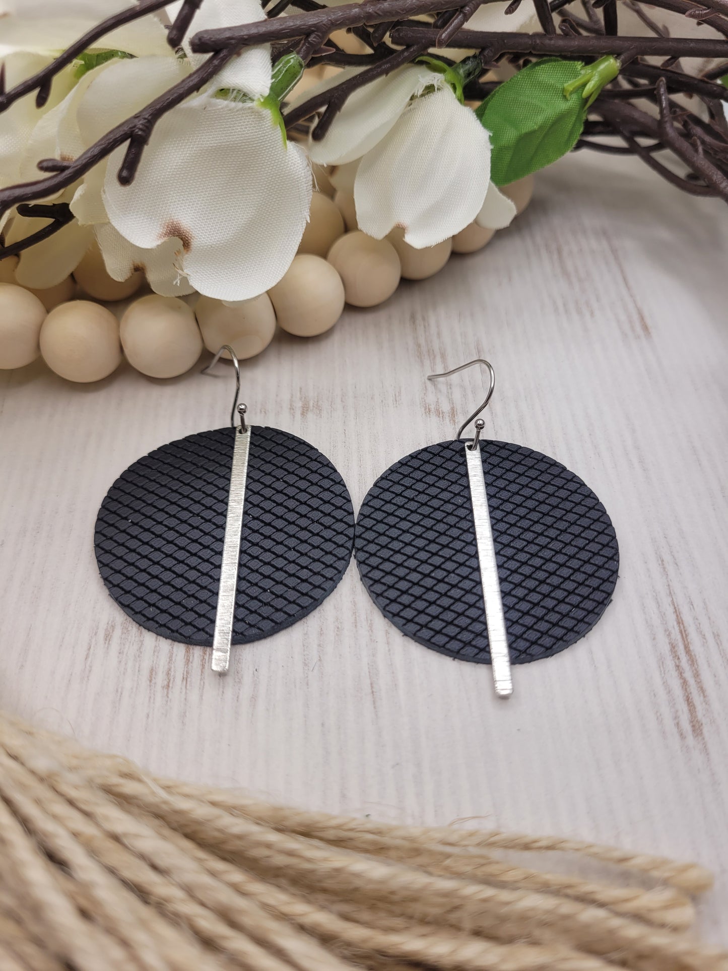 Black Patterned Genuine Leather Circle Earrings with Silver Brass Bars