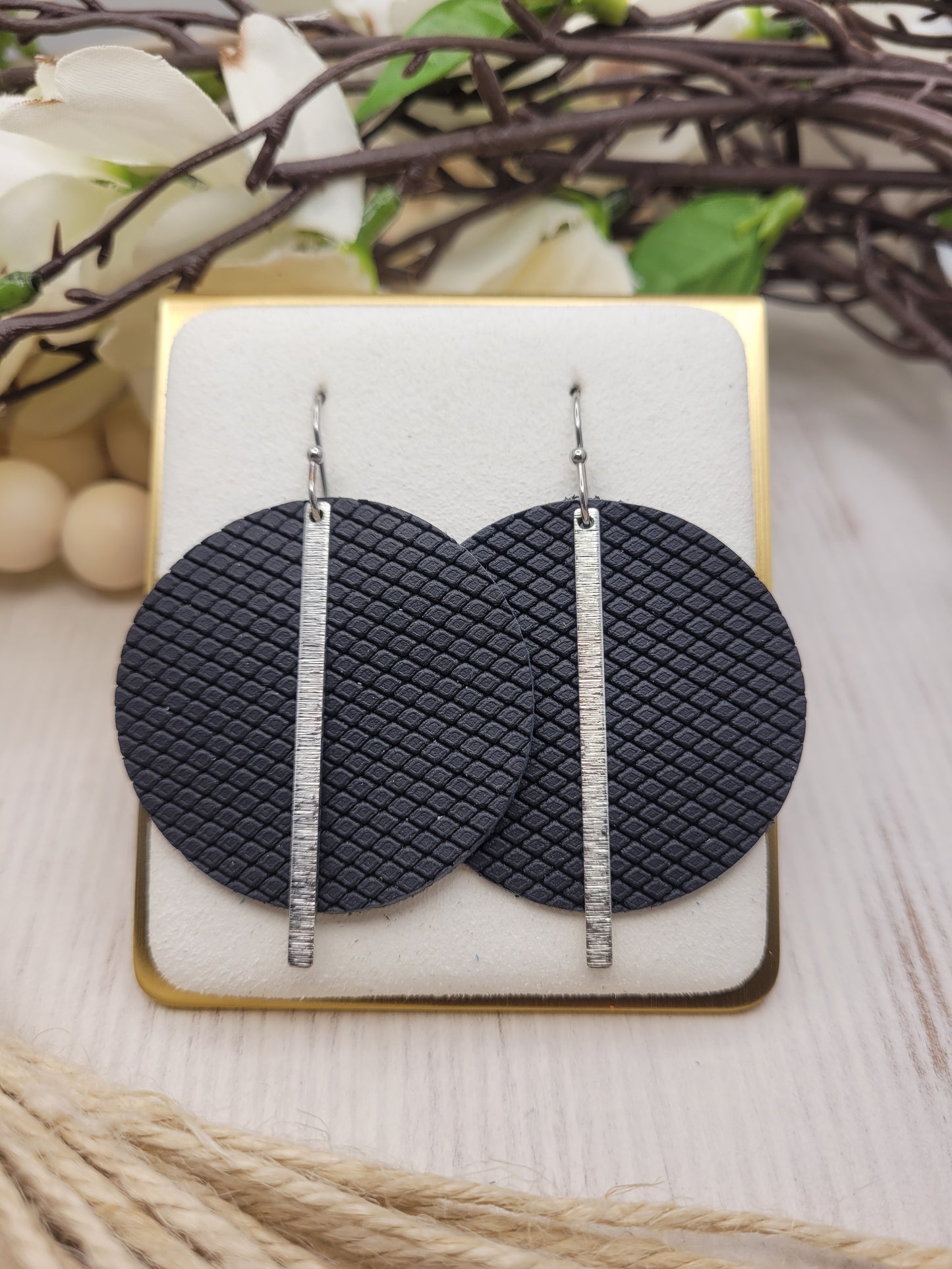 Black Patterned Genuine Leather Circle Earrings with Silver Brass Bars