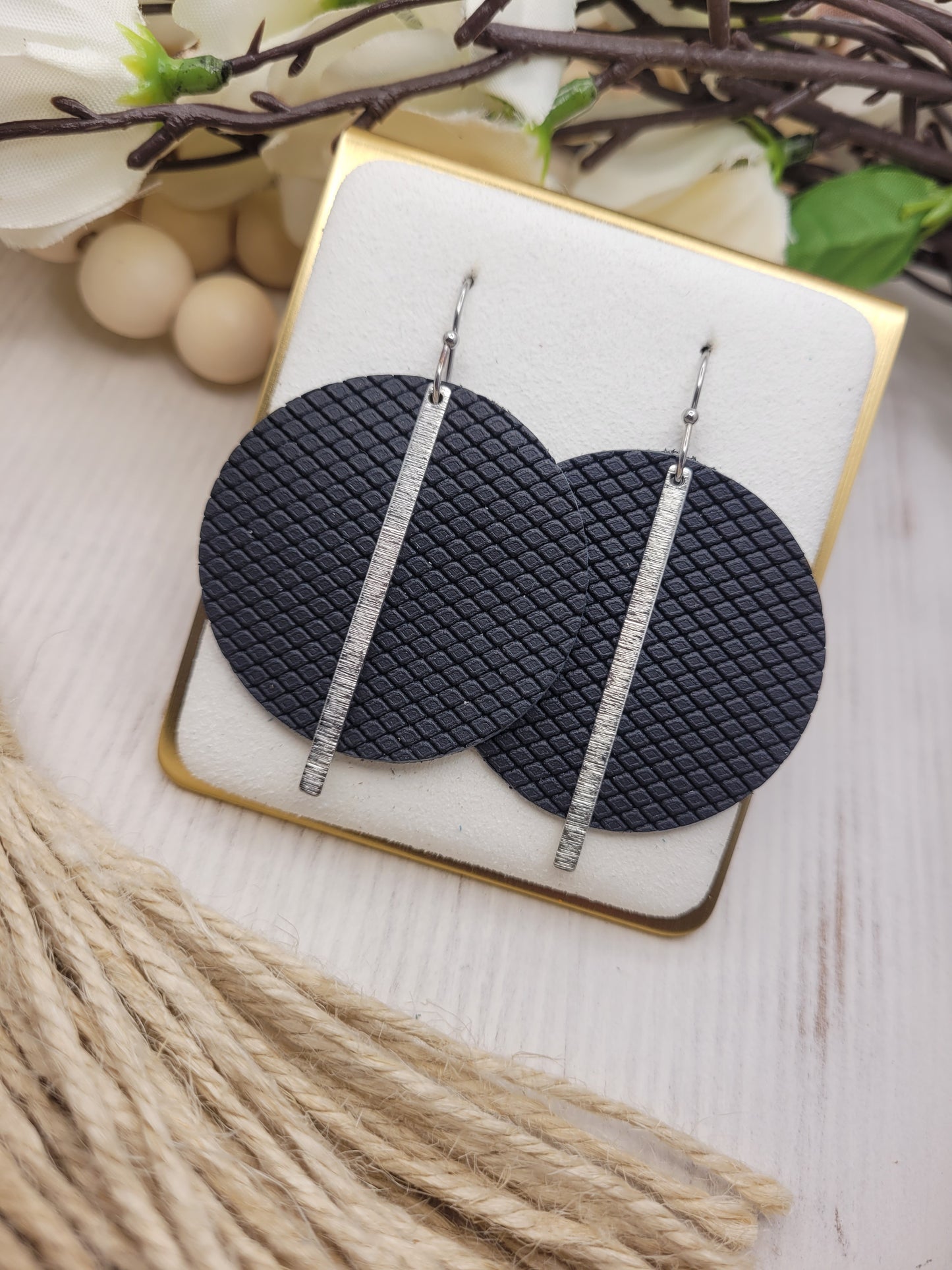 Black Patterned Genuine Leather Circle Earrings with Silver Brass Bars