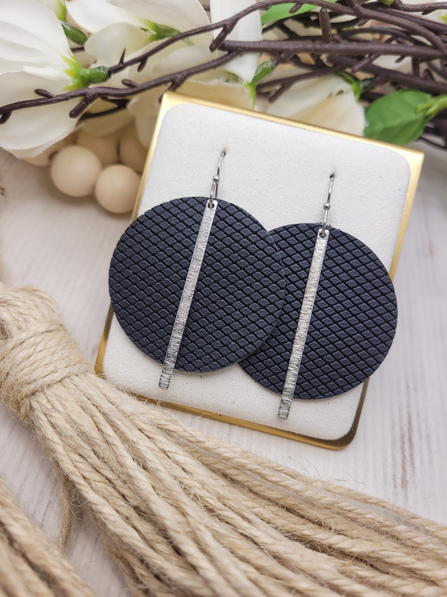 Black Patterned Genuine Leather Circle Earrings with Silver Brass Bars