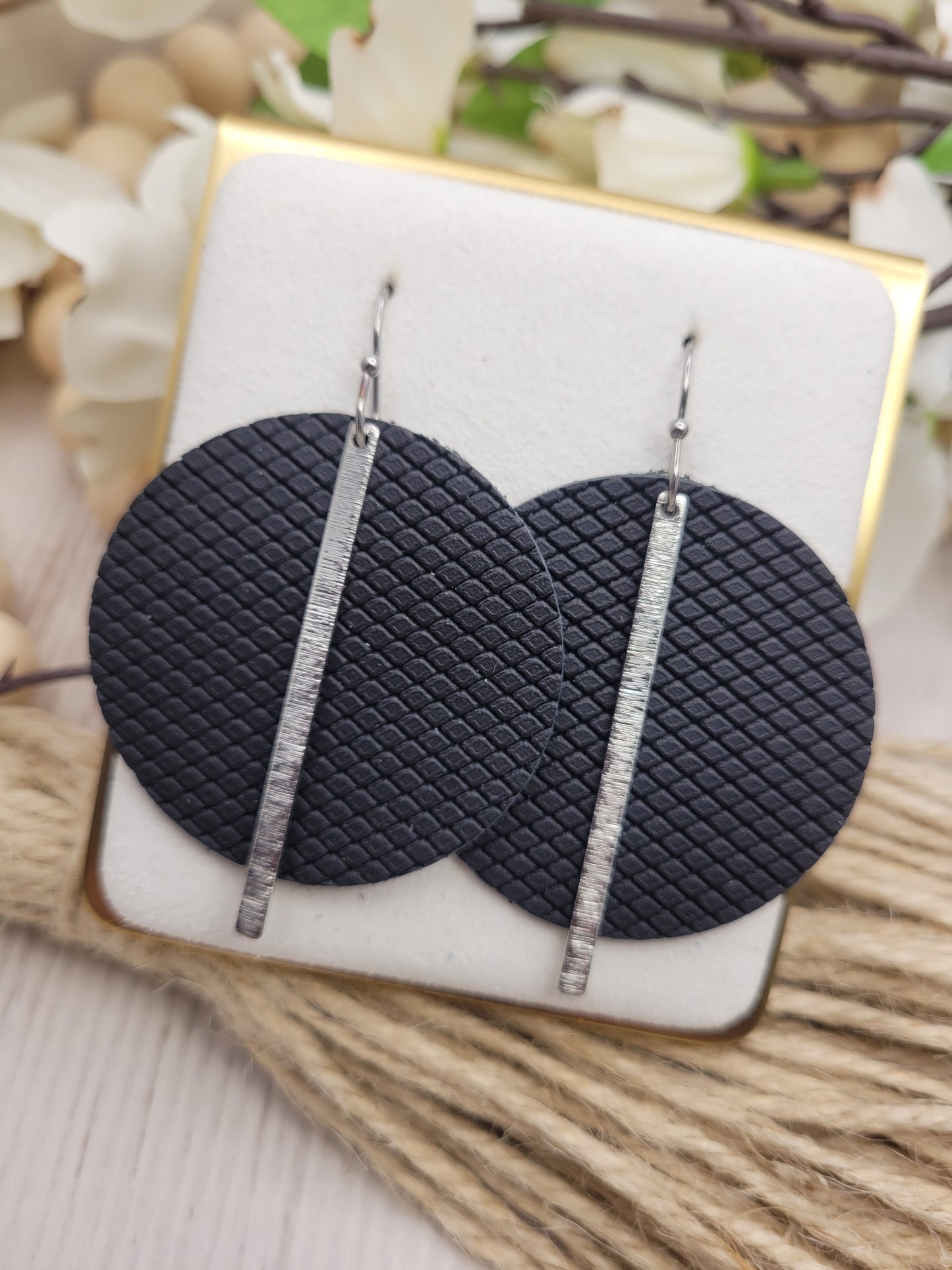 Black Patterned Genuine Leather Circle Earrings with Silver Brass Bars