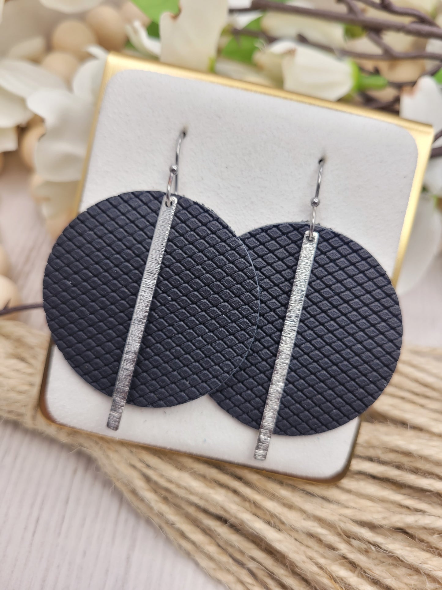 Black Patterned Genuine Leather Circle Earrings with Silver Brass Bars