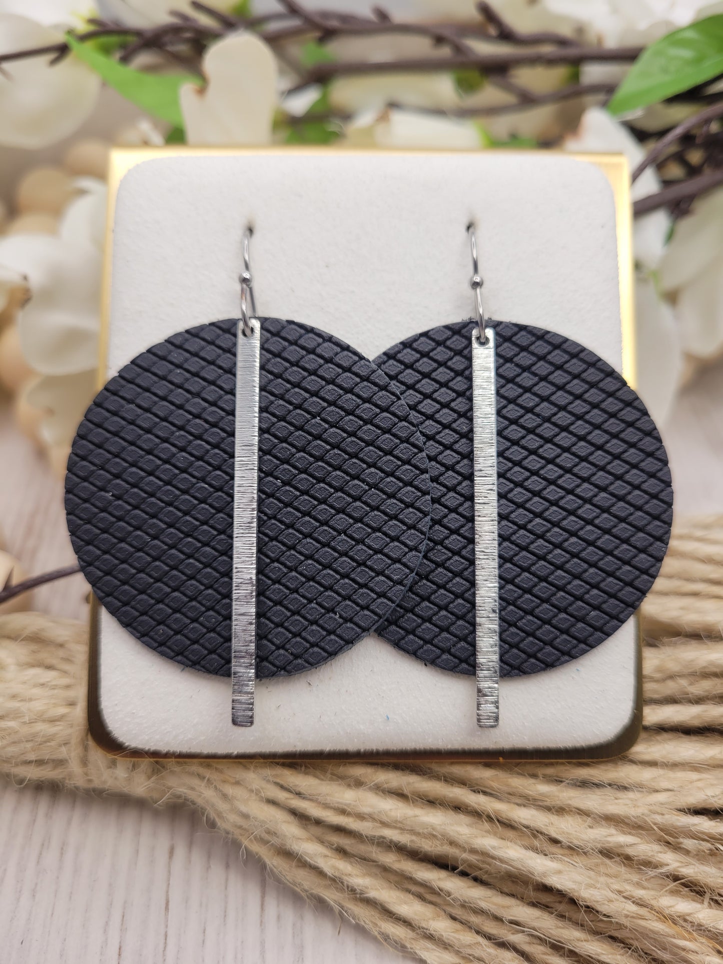 Black Patterned Genuine Leather Circle Earrings with Silver Brass Bars