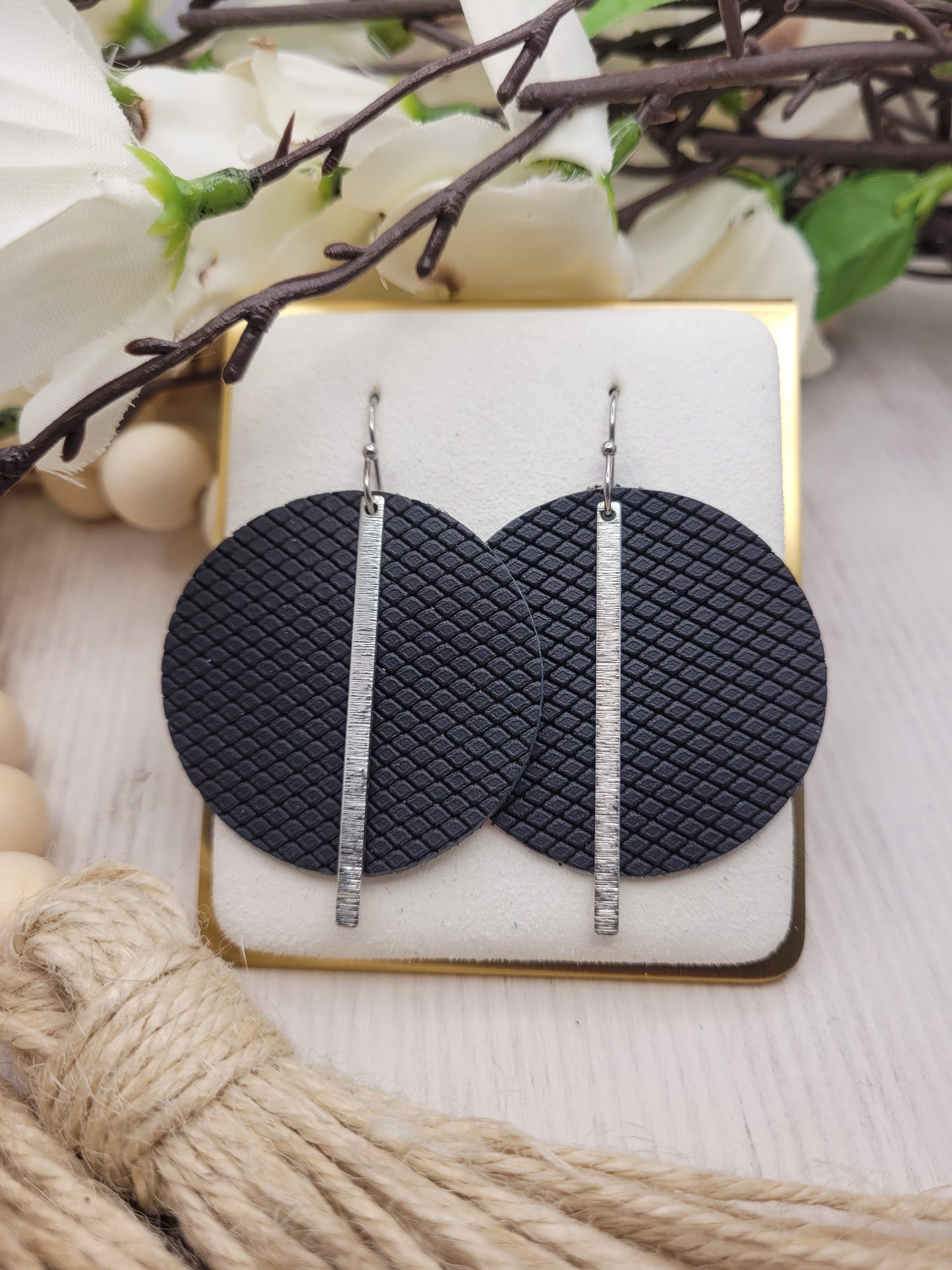 Black Patterned Genuine Leather Circle Earrings with Silver Brass Bars