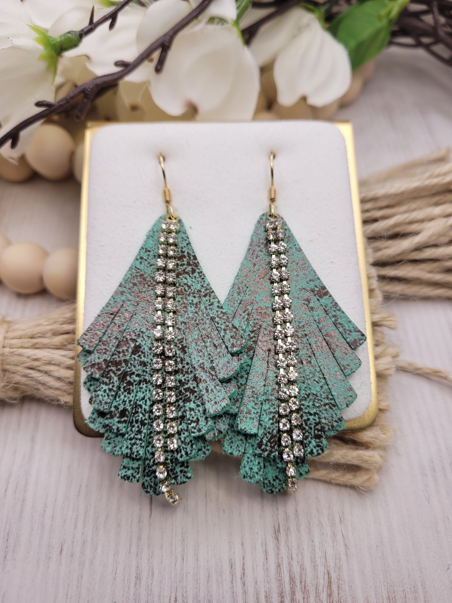 Genuine Leather Fringe & Rhinestone Earrings