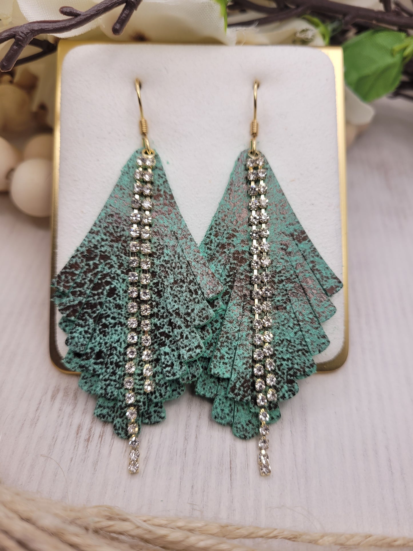 Genuine Leather Fringe & Rhinestone Earrings