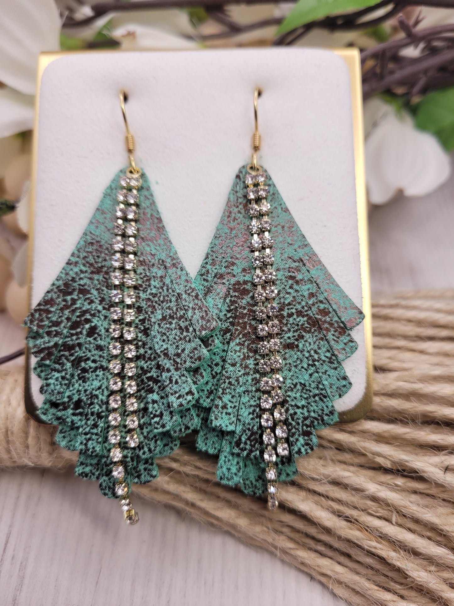 Genuine Leather Fringe & Rhinestone Earrings