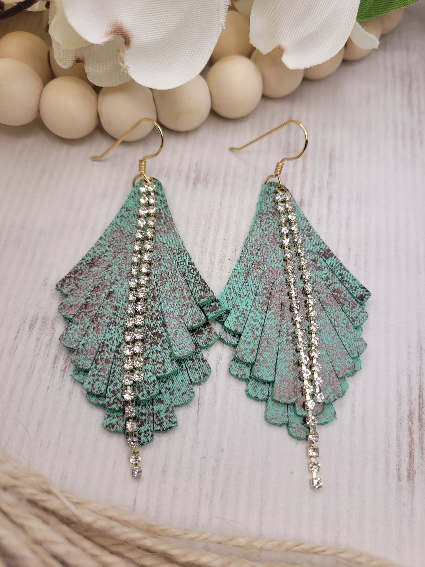 Genuine Leather Fringe & Rhinestone Earrings