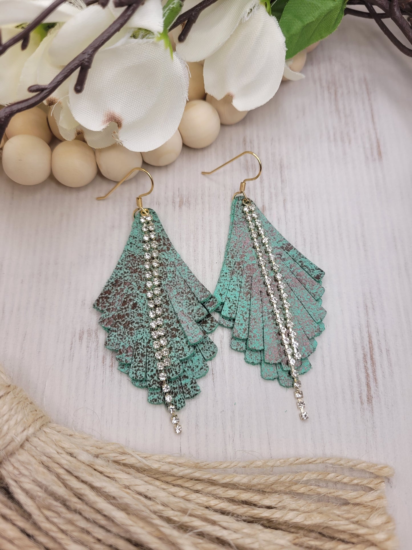 Genuine Leather Fringe & Rhinestone Earrings