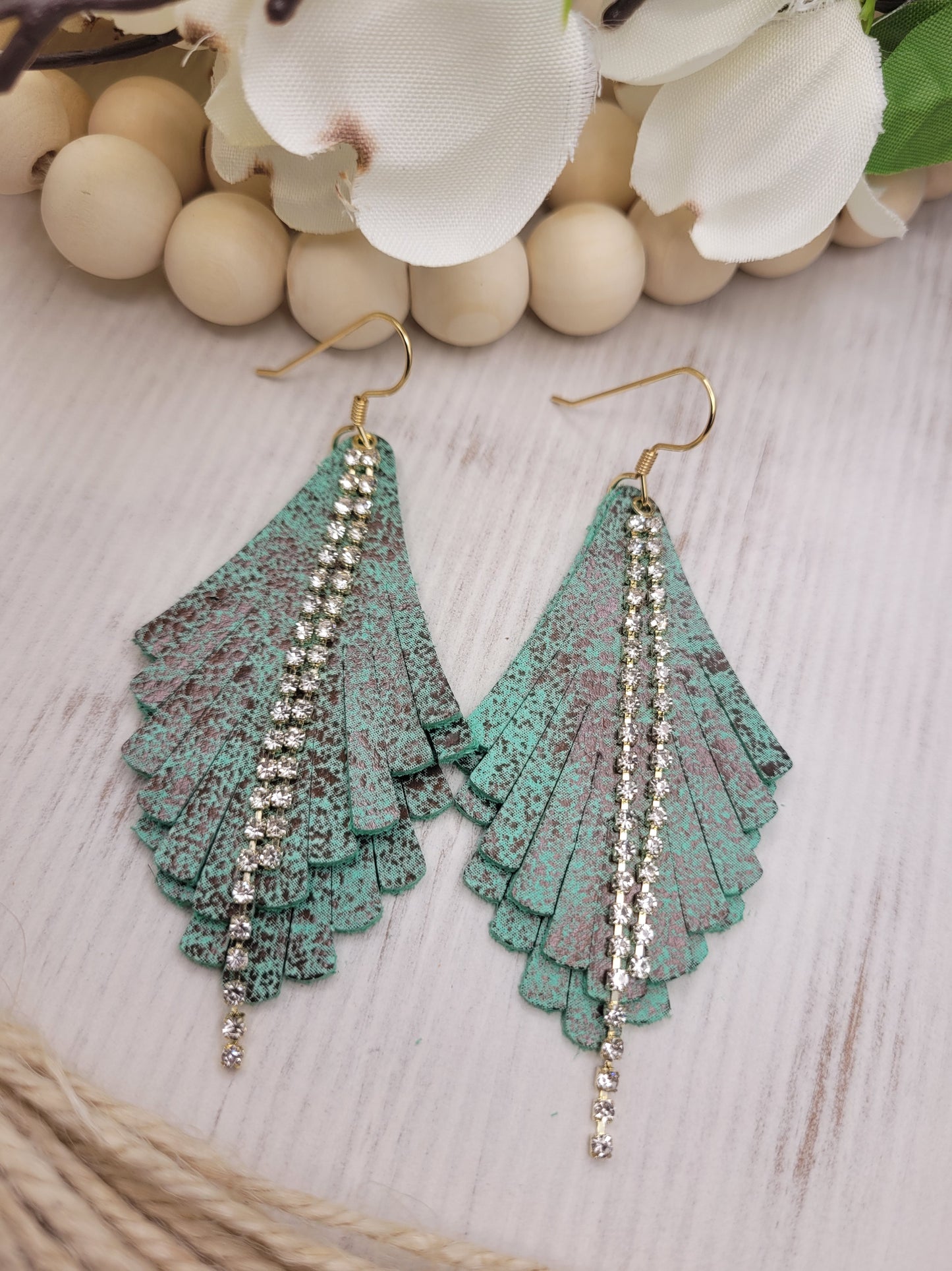 Genuine Leather Fringe & Rhinestone Earrings