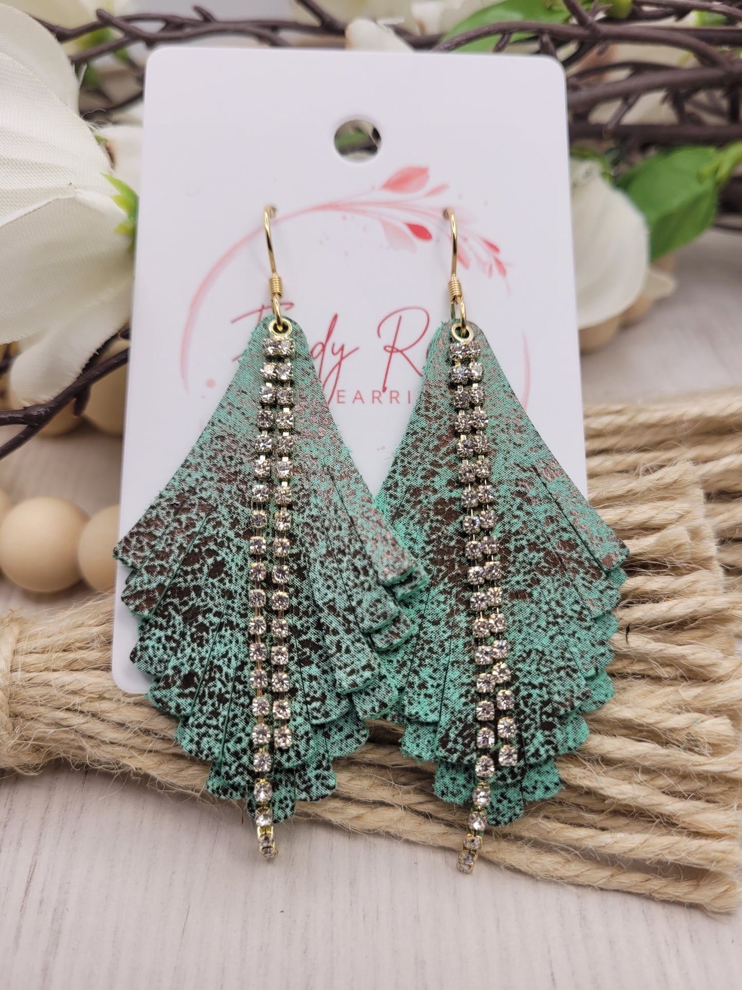 Genuine Leather Fringe & Rhinestone Earrings