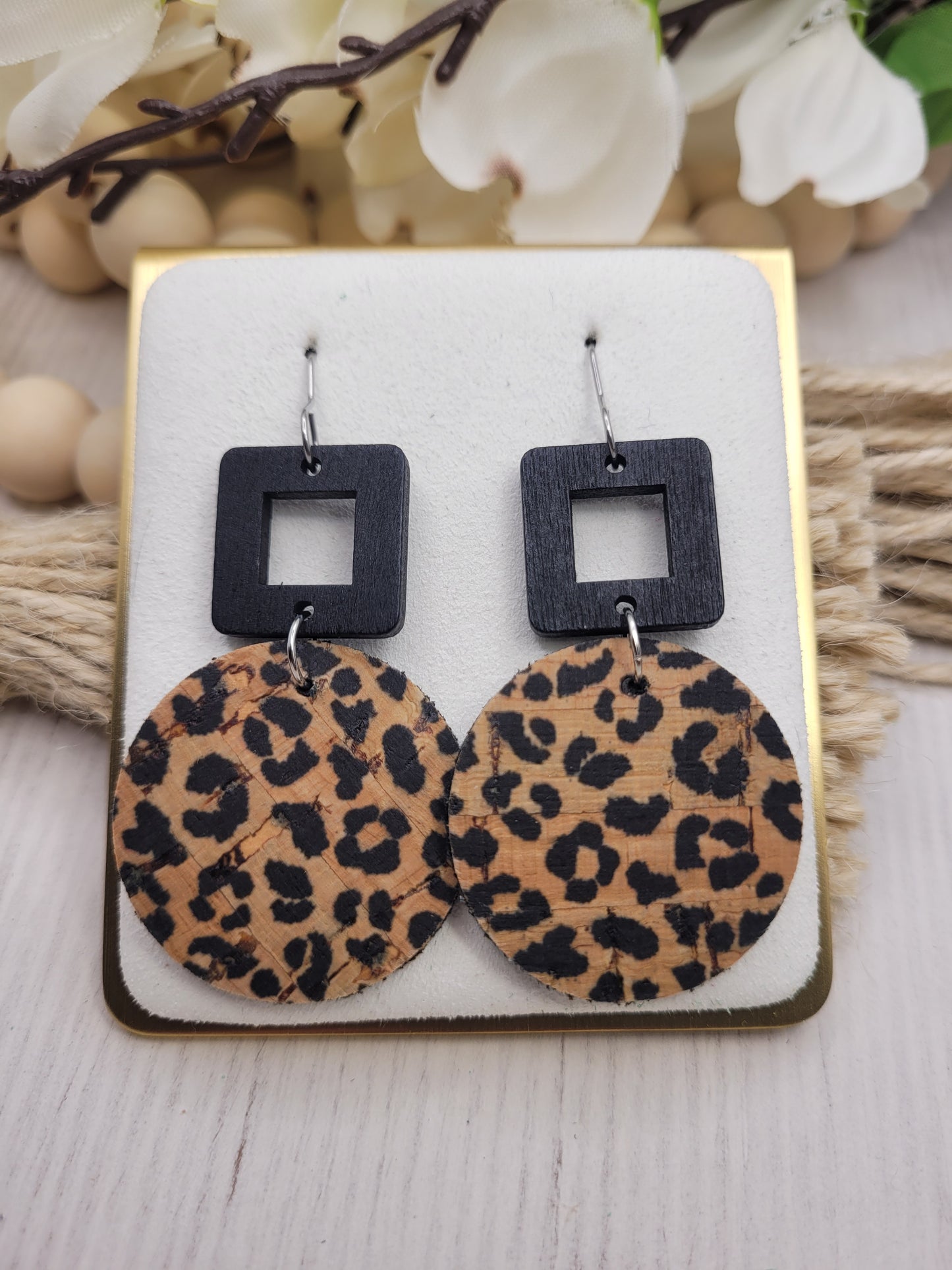 Round Animal Print Cork on Genuine Leather Earrings