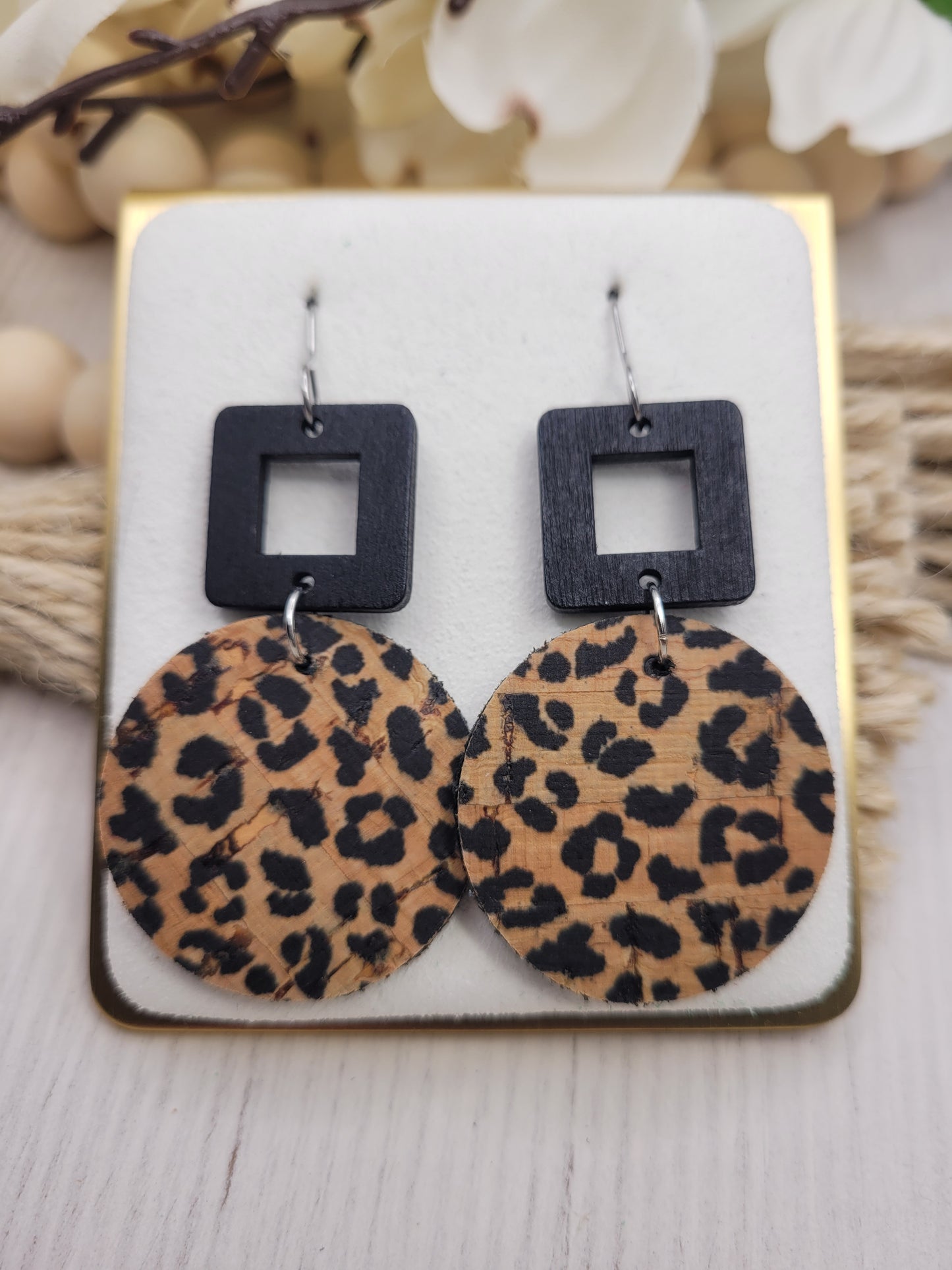 Round Animal Print Cork on Genuine Leather Earrings